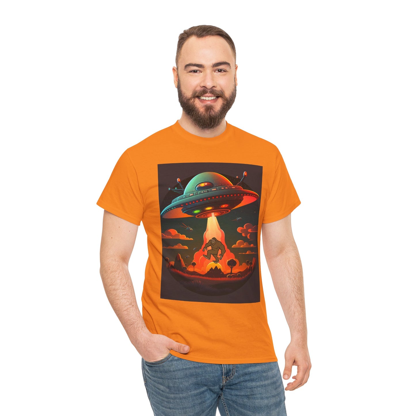 UFO, Bigfoot, Unisex Heavy Cotton Tee, graphic design, t-shirt, t-shirts, tshirts, png