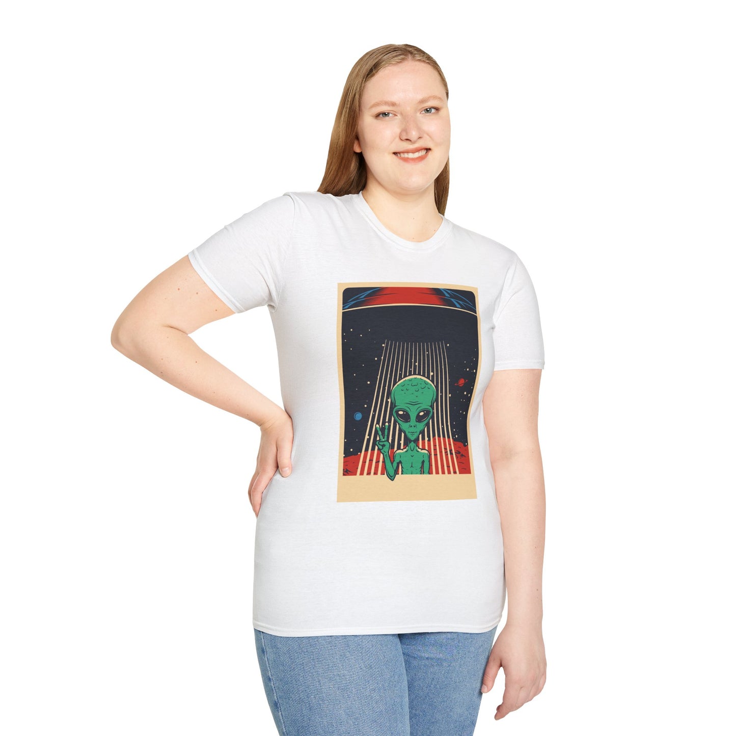 Cosmic Alien Peace Unisex Softstyle T-Shirt, Vintage UFO Tee, Space Lover Gift, Sci-Fi Fan Shirt, Trendy Graphic Tee, GraphicTees, t-shirts