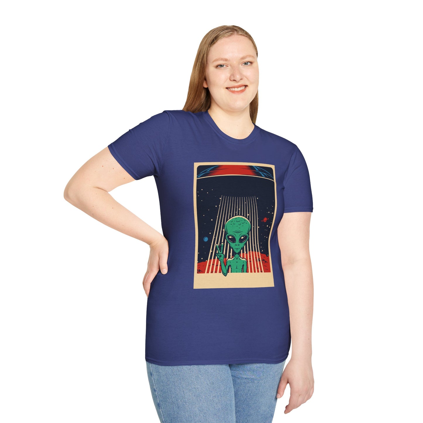 Cosmic Alien Peace Unisex Softstyle T-Shirt, Vintage UFO Tee, Space Lover Gift, Sci-Fi Fan Shirt, Trendy Graphic Tee, GraphicTees, t-shirts