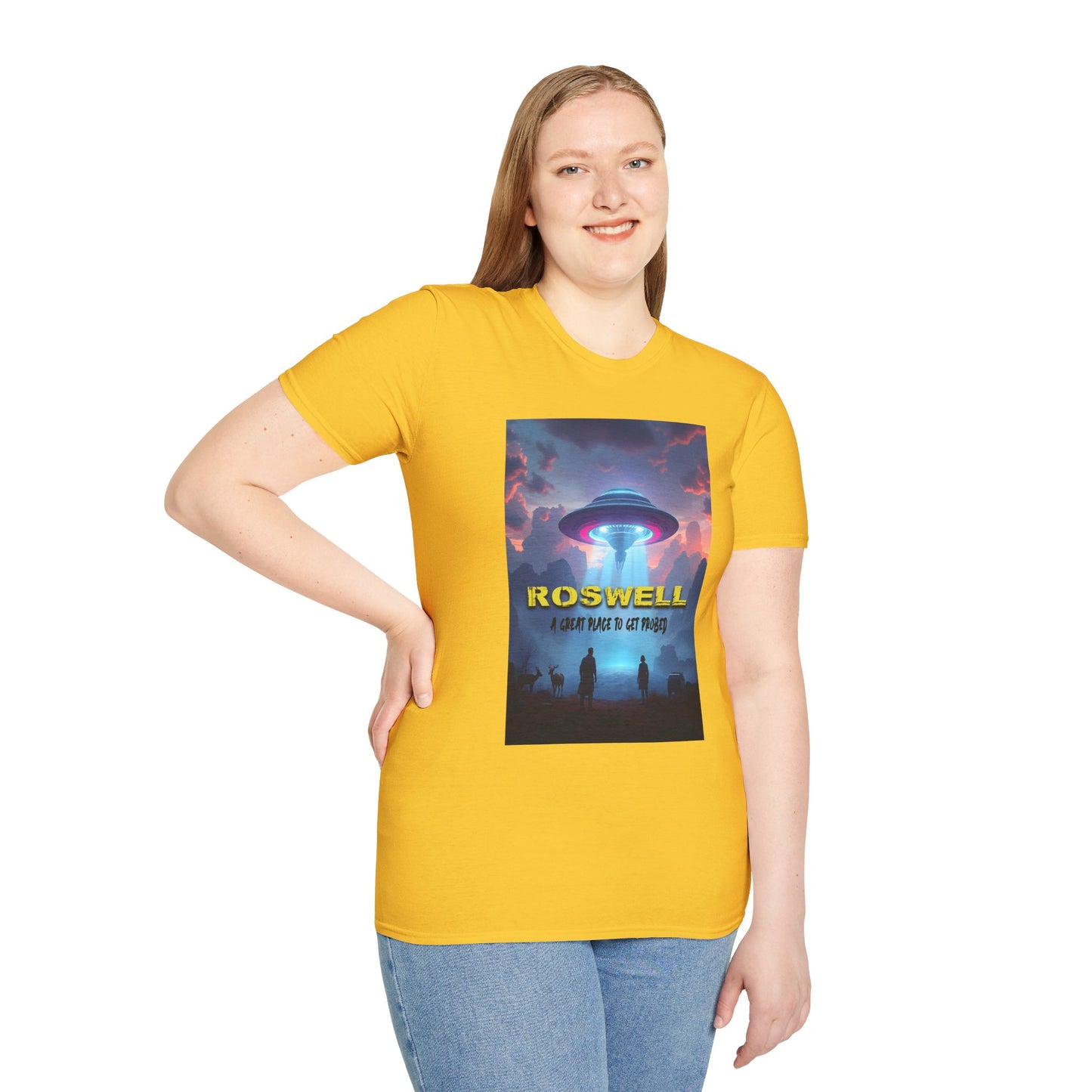Roswell Probed Retro T-Shirt - Alien UFO Lover Gift, Sci-Fi Apparel, Extraterrestrial Tee, Unisex Softstyle Clothing, graphic design, png