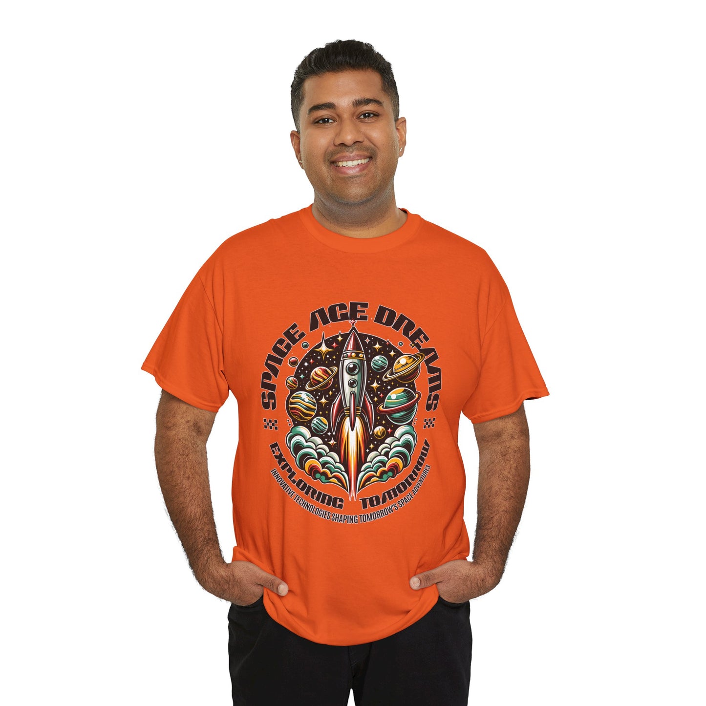 Space Age Dreams, Unisex Heavy Cotton Tee - Retro Rocket Design for Space Lovers, graphic design, png