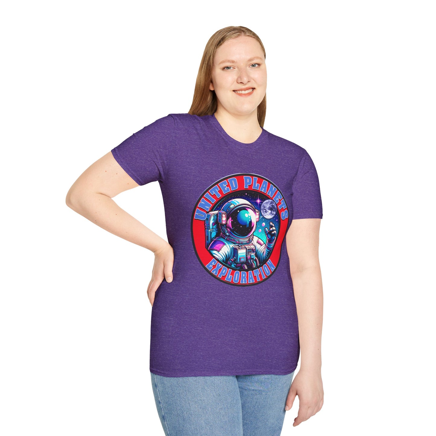 United Planets Exploration Astronaut T-Shirt, Science Themed Tee, Outer Space Shirt for Gift, Birthday, Unisex Softstyle Apparel