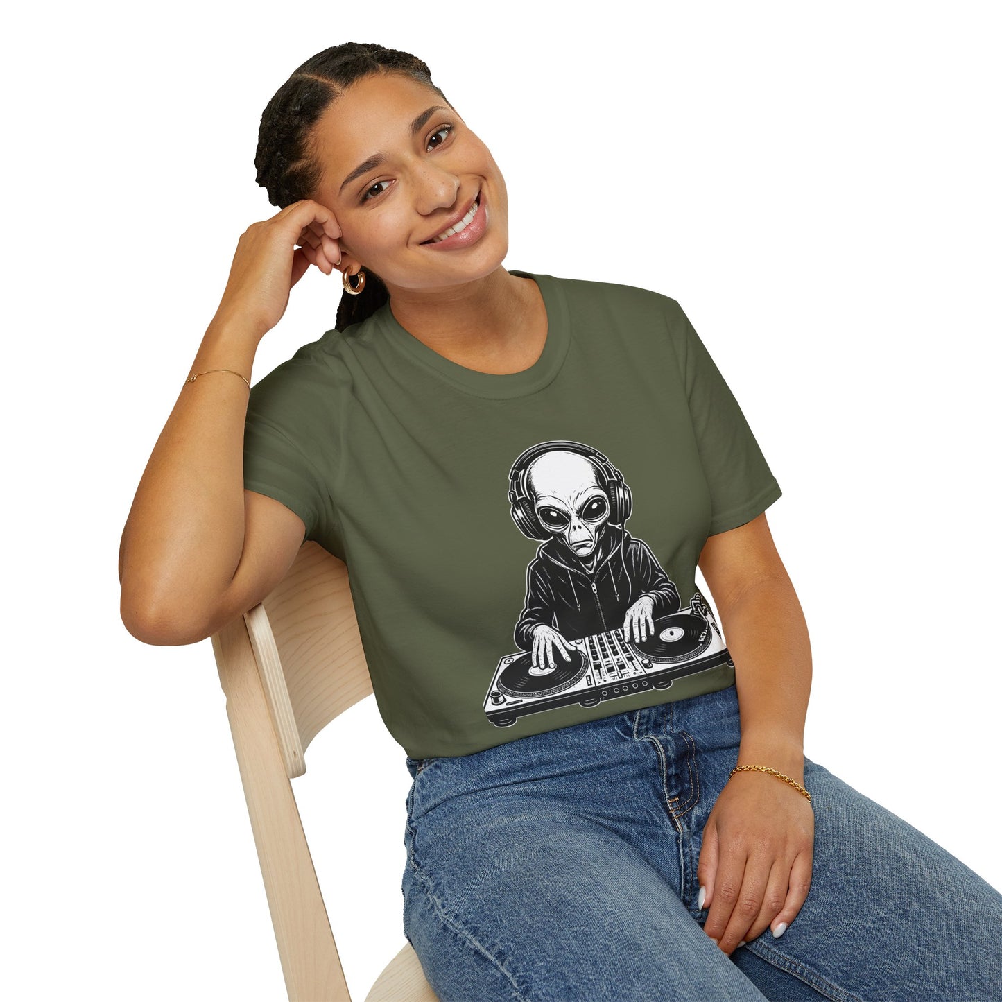 DJ Alien Graphic T-Shirt | Unisex Softstyle Tee for Music Lovers, Gifts for DJs, Cool Casual Wear, Festival Apparel, Unique Alien Design