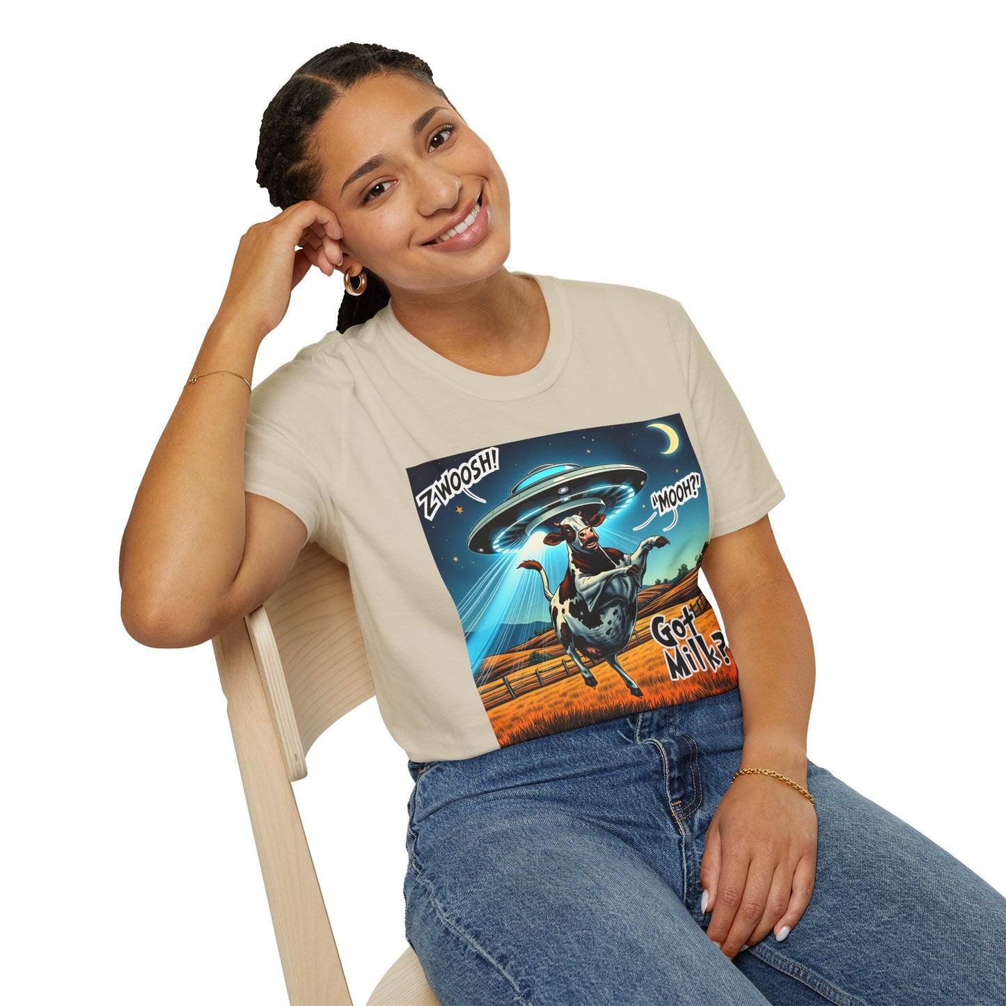 Funny Alien Cow T-Shirt - Got Milk? Unisex Soft style graphic Tee, UFO, galaxies, space, Blackhole, graphic design, png, sublimation
