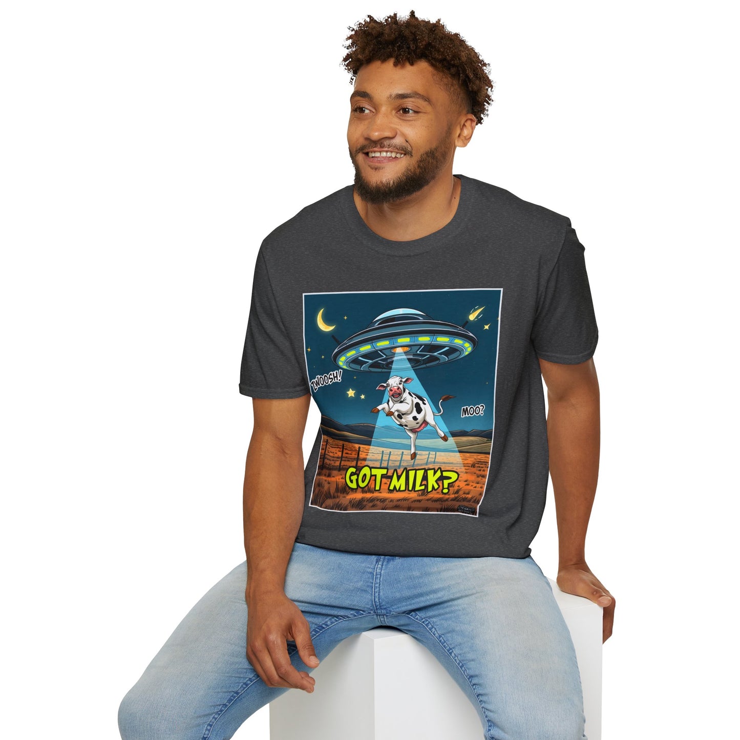 Got Milk? Cow UFO Unisex Softstyle T-Shirt – Fun Graphic Tee for Dairy Lovers, graphic tees, t-shirt, tshirt, graphic design, png