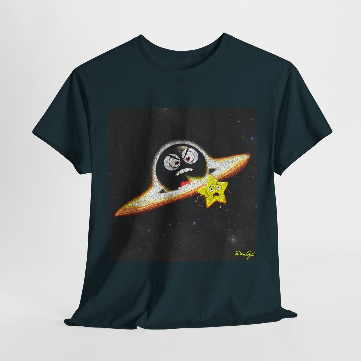 BlackHole Chasing Star, Space-Themed Unisex Heavy Cotton Tee with Cartoon Penguin Design, graphic design, png