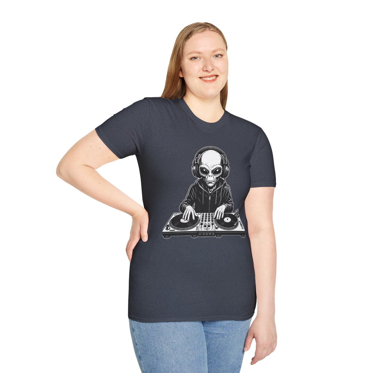 DJ Alien Graphic T-Shirt | Unisex Softstyle Tee for Music Lovers, Gifts for DJs, Cool Casual Wear, Festival Apparel, Unique Alien Design
