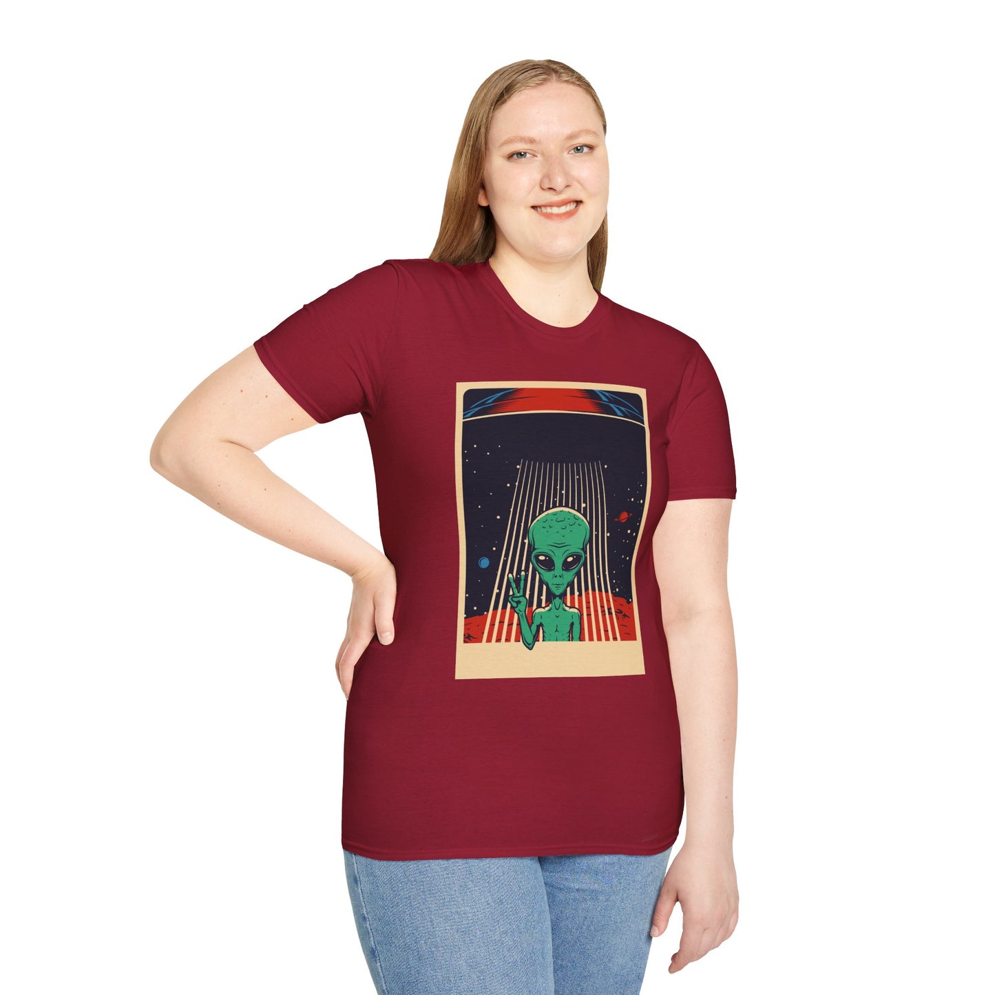 Cosmic Alien Peace Unisex Softstyle T-Shirt, Vintage UFO Tee, Space Lover Gift, Sci-Fi Fan Shirt, Trendy Graphic Tee, GraphicTees, t-shirts