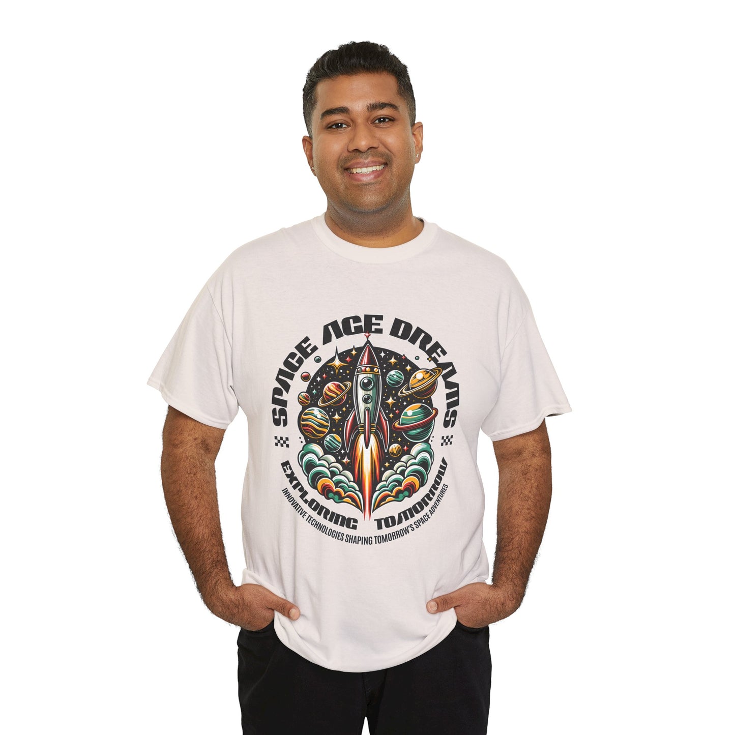 Space Age Dreams, Unisex Heavy Cotton Tee - Retro Rocket Design for Space Lovers, graphic design, png