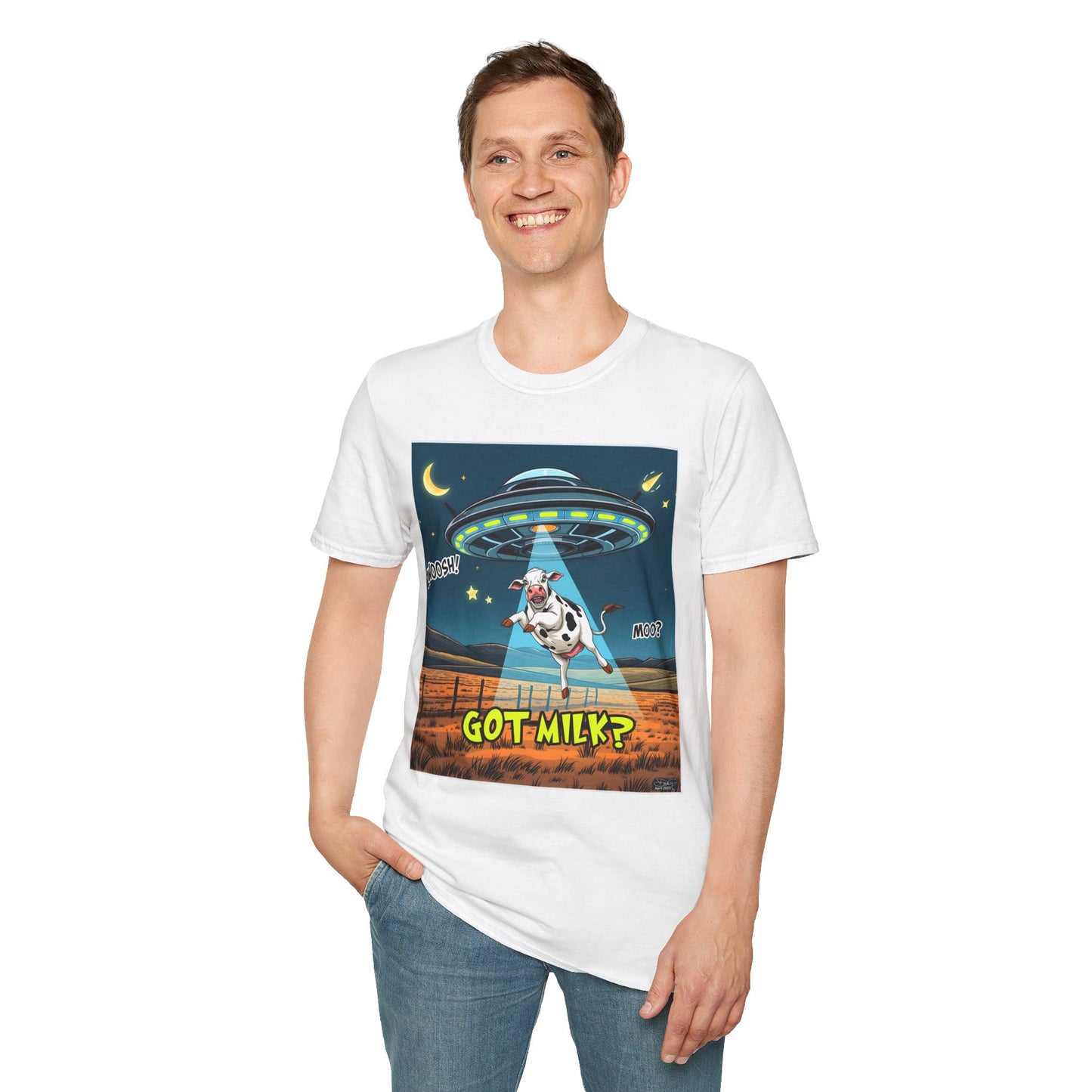 Got Milk? Cow UFO Unisex Softstyle T-Shirt – Fun Graphic Tee for Dairy Lovers, graphic tees, t-shirt, tshirt, graphic design, png