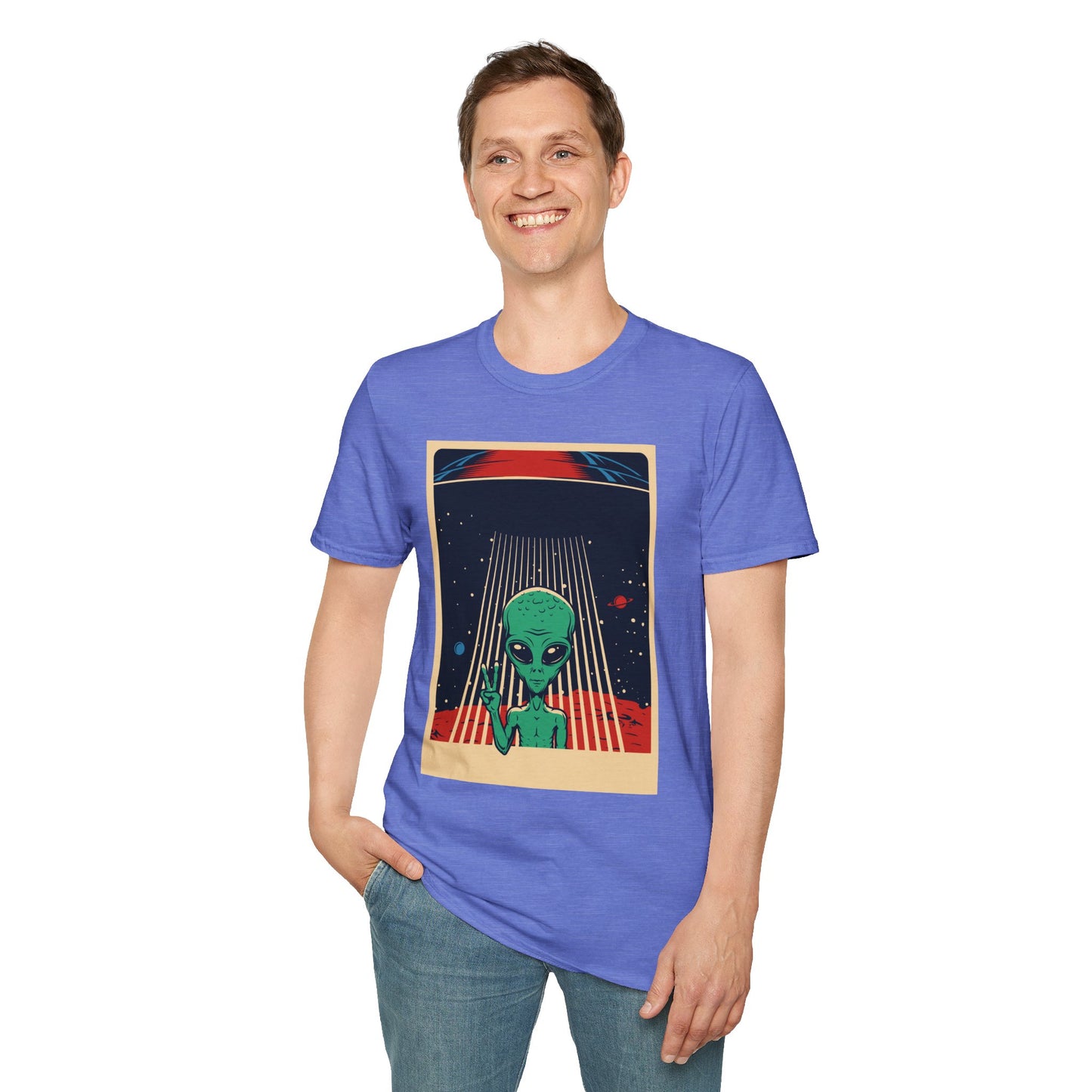 Cosmic Alien Peace Unisex Softstyle T-Shirt, Vintage UFO Tee, Space Lover Gift, Sci-Fi Fan Shirt, Trendy Graphic Tee, GraphicTees, t-shirts