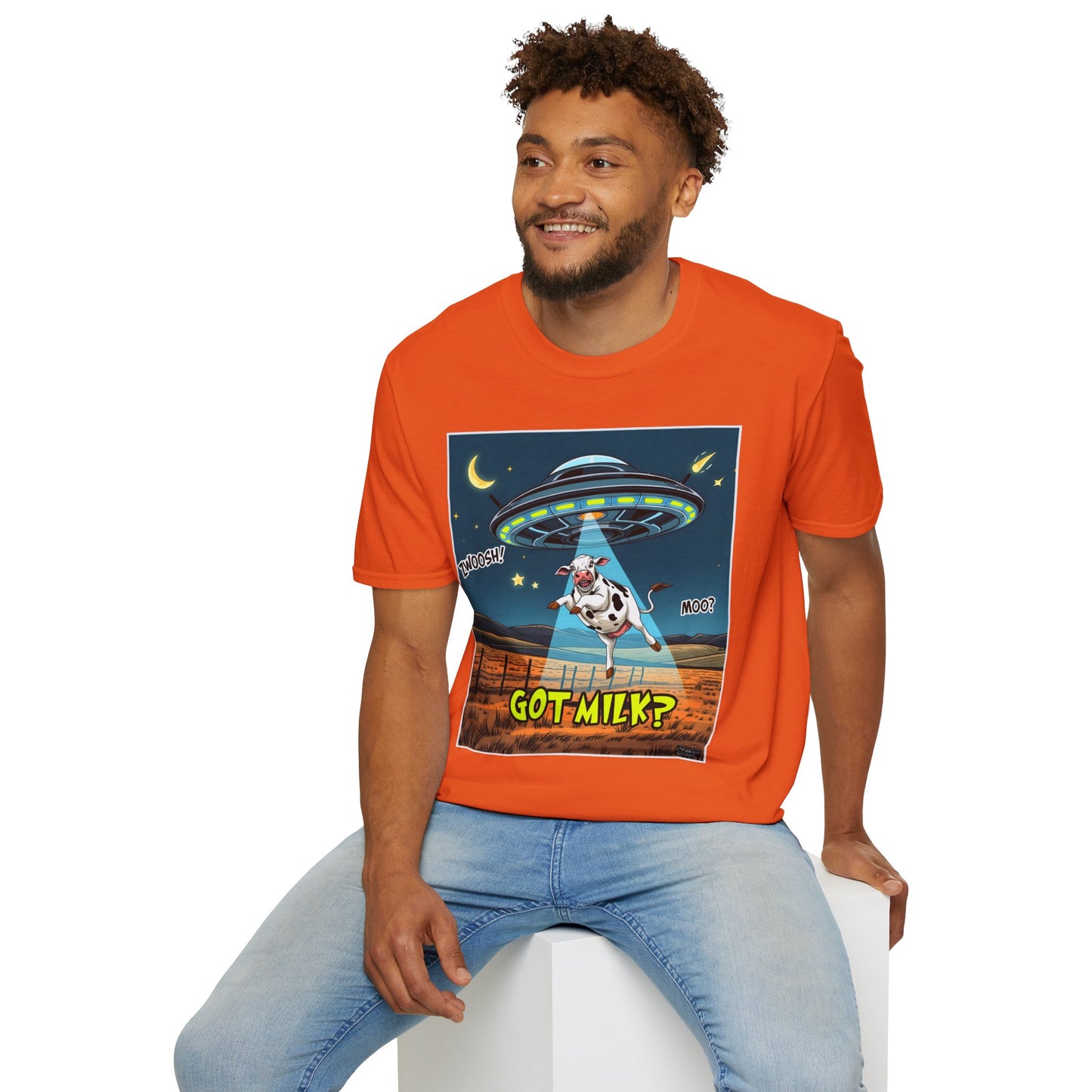 Got Milk? Cow UFO Unisex Softstyle T-Shirt – Fun Graphic Tee for Dairy Lovers, graphic tees, t-shirt, tshirt, graphic design, png