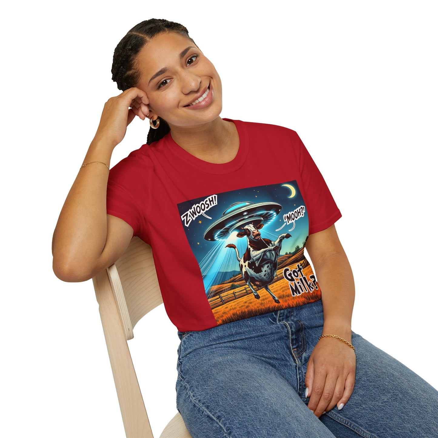 Funny Alien Cow T-Shirt - Got Milk? Unisex Soft style graphic Tee, UFO, galaxies, space, Blackhole, graphic design, png, sublimation