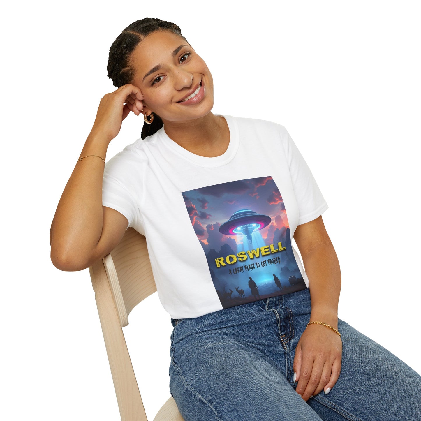 Roswell Probed Retro T-Shirt - Alien UFO Lover Gift, Sci-Fi Apparel, Extraterrestrial Tee, Unisex Softstyle Clothing, graphic design, png