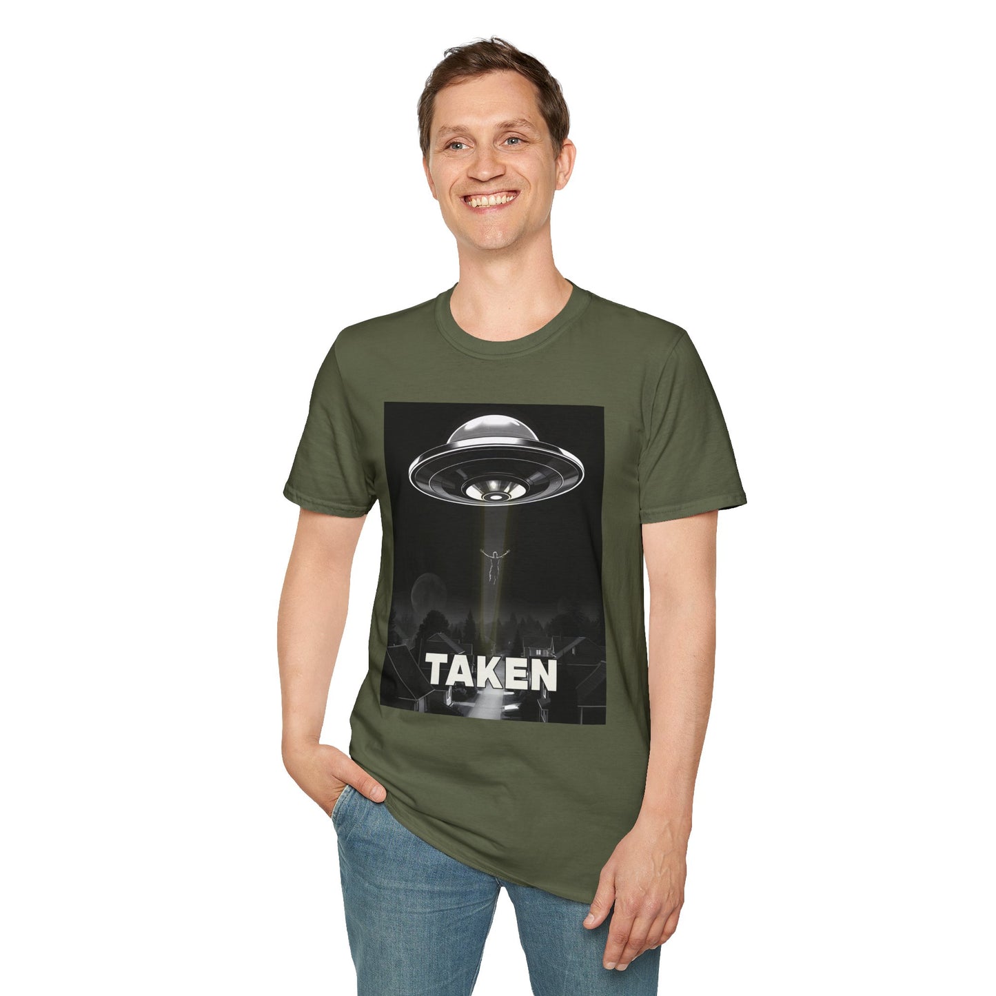 Taken 3, Alien Theme Unisex Softstyle T-Shirt, Fun Graphic Tee for UFO Lovers, Great for Casual Wear, Gifts for Sci-Fi Fans, Cool Shirt
