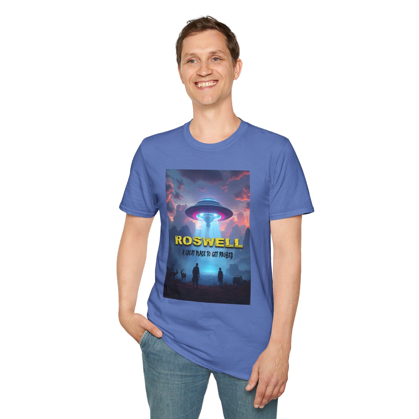 Roswell Probed Retro T-Shirt - Alien UFO Lover Gift, Sci-Fi Apparel, Extraterrestrial Tee, Unisex Softstyle Clothing, graphic design, png