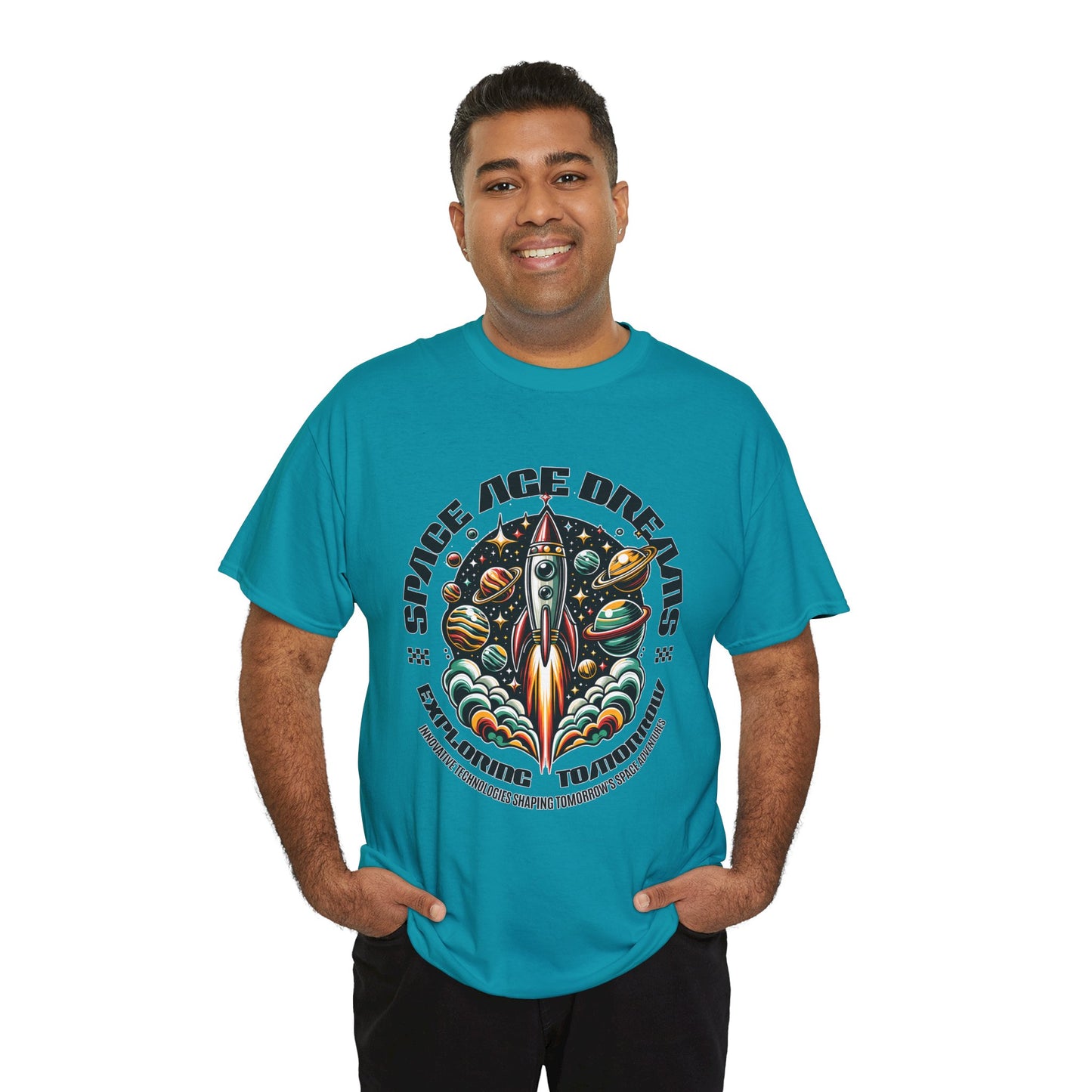Space Age Dreams, Unisex Heavy Cotton Tee - Retro Rocket Design for Space Lovers, graphic design, png
