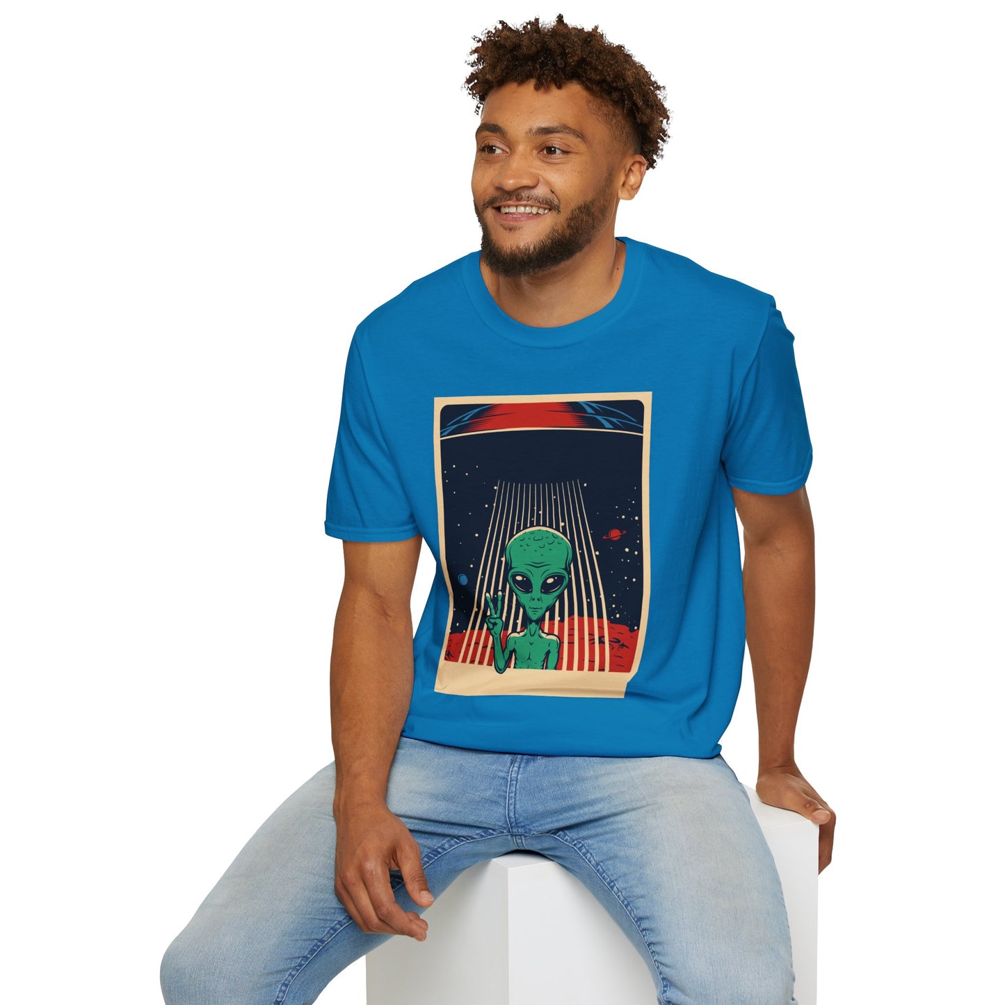 Cosmic Alien Peace Unisex Softstyle T-Shirt, Vintage UFO Tee, Space Lover Gift, Sci-Fi Fan Shirt, Trendy Graphic Tee, GraphicTees, t-shirts
