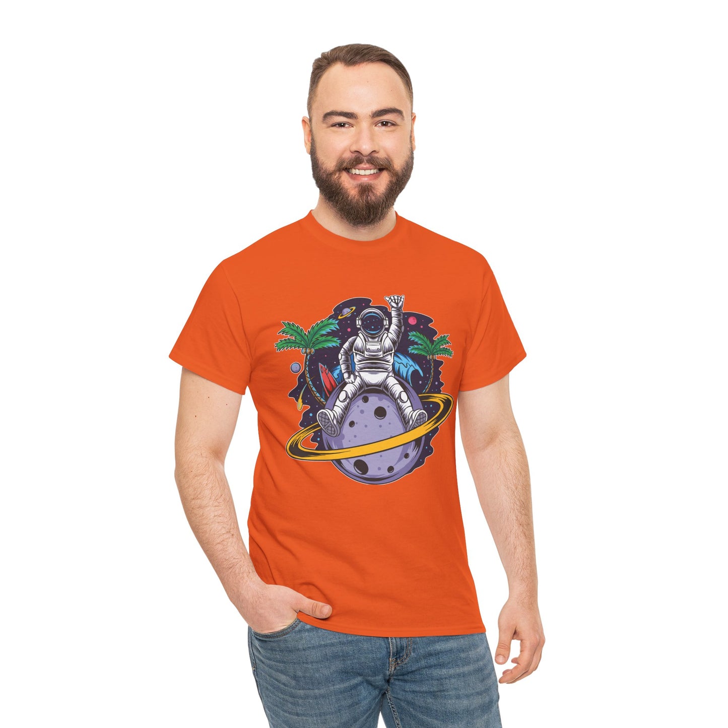 Cosmic Adventure, Unisex Heavy Cotton Tee - Astronaut & Planet Design, graphic design, png, art