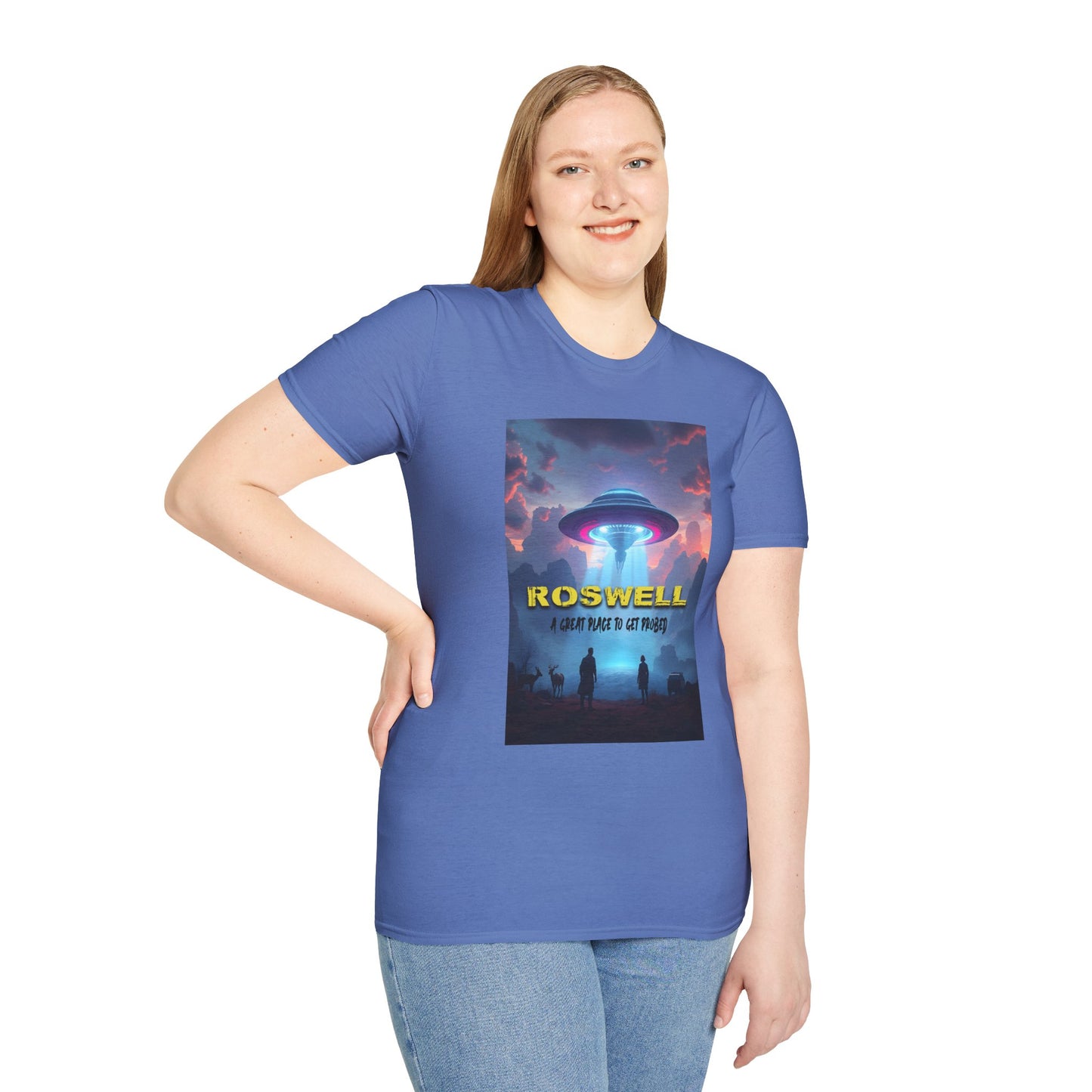 Roswell Probed Retro T-Shirt - Alien UFO Lover Gift, Sci-Fi Apparel, Extraterrestrial Tee, Unisex Softstyle Clothing, graphic design, png