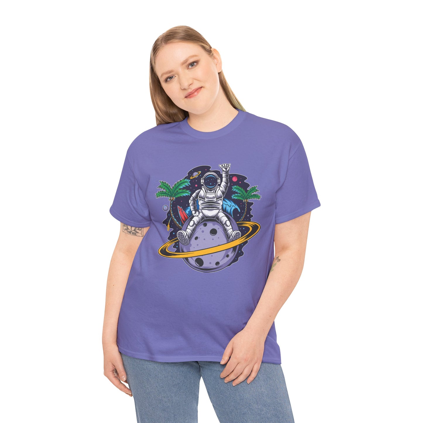 Cosmic Adventure, Unisex Heavy Cotton Tee - Astronaut & Planet Design, graphic design, png, art