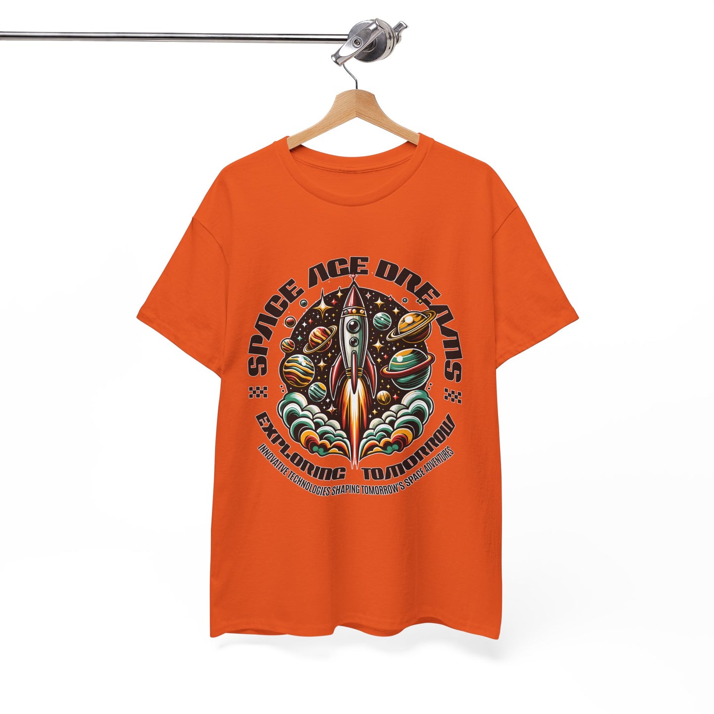 Space Age Dreams, Unisex Heavy Cotton Tee - Retro Rocket Design for Space Lovers, graphic design, png