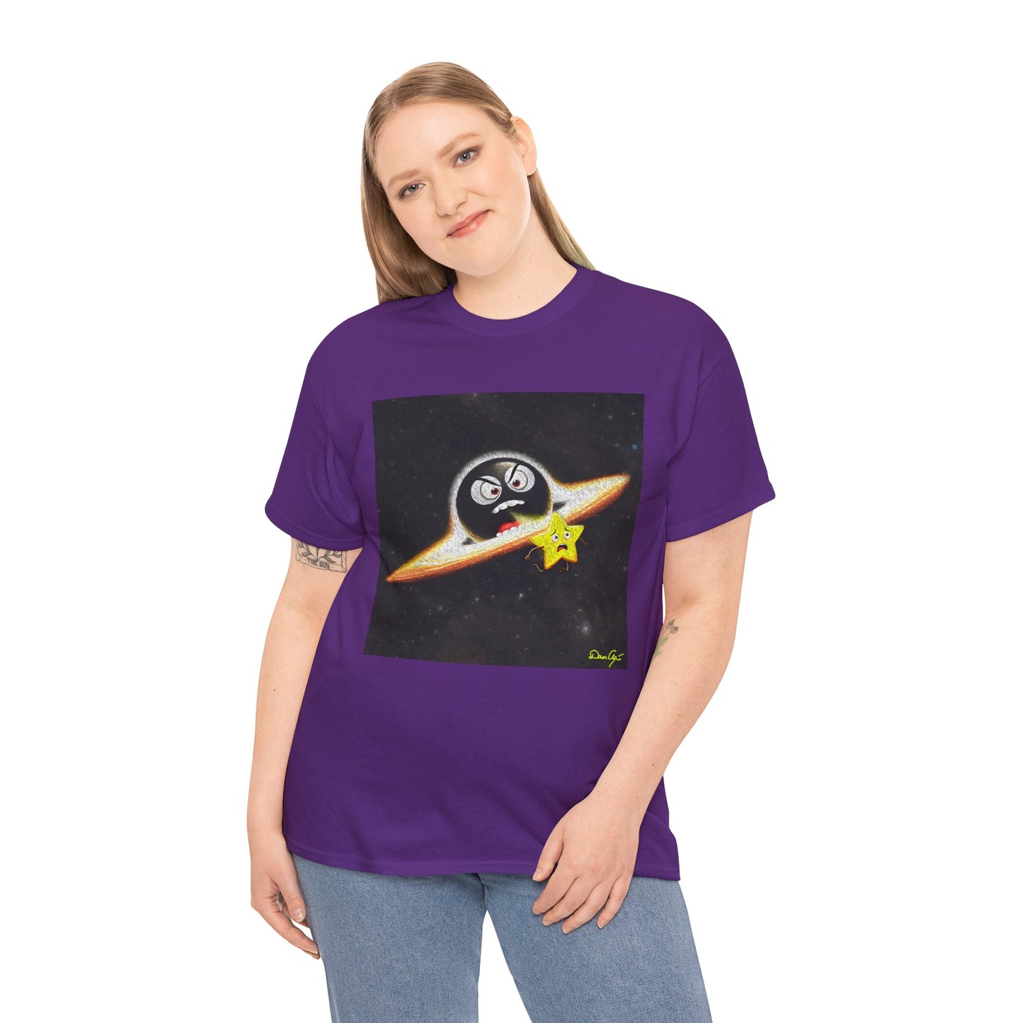 BlackHole Chasing Star, Space-Themed Unisex Heavy Cotton Tee with Cartoon Penguin Design, graphic design, png