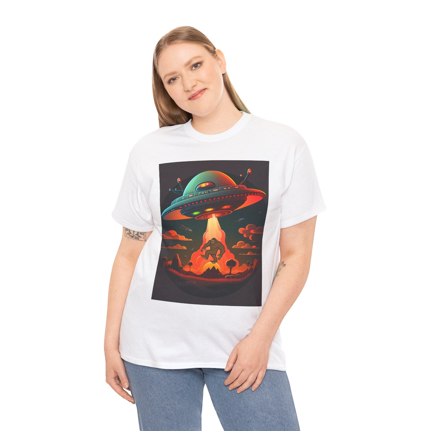 UFO, Bigfoot, Unisex Heavy Cotton Tee, graphic design, t-shirt, t-shirts, tshirts, png