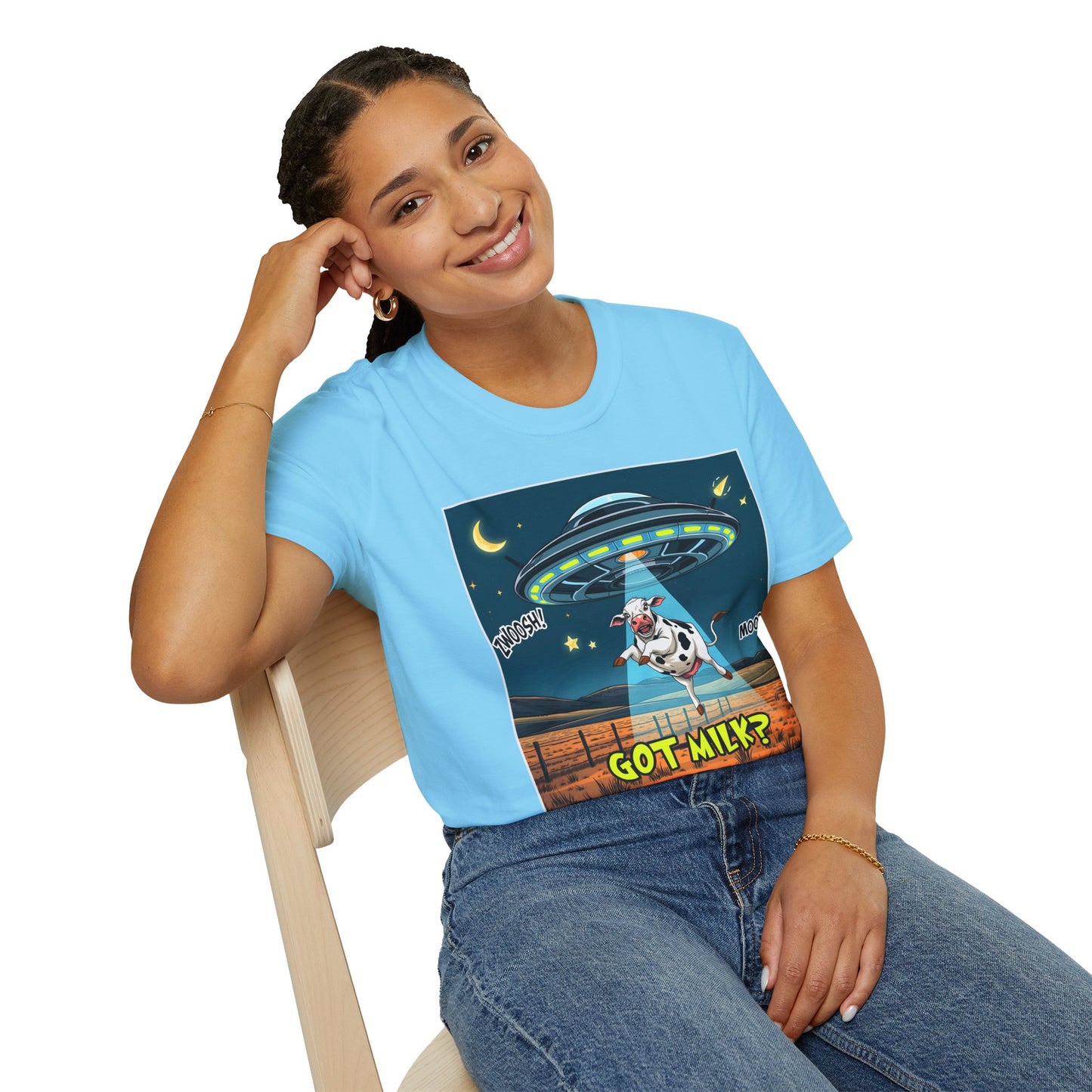 Got Milk? Cow UFO Unisex Softstyle T-Shirt – Fun Graphic Tee for Dairy Lovers, graphic tees, t-shirt, tshirt, graphic design, png
