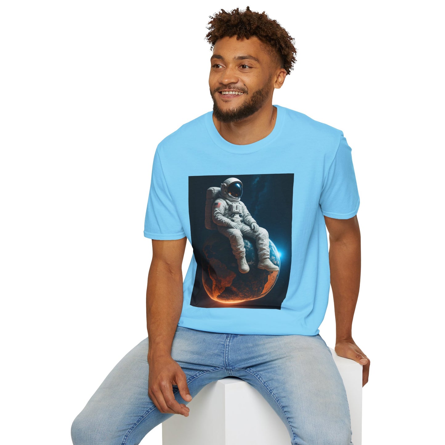 Sitting on an Earth, Cosmic Astronaut T-Shirt, Unisex Graphic Tee, Space Lover Gift, Casual Wear, Astronomy Fan Shirt, Graphic Tee, t-shirt, tshirt, png