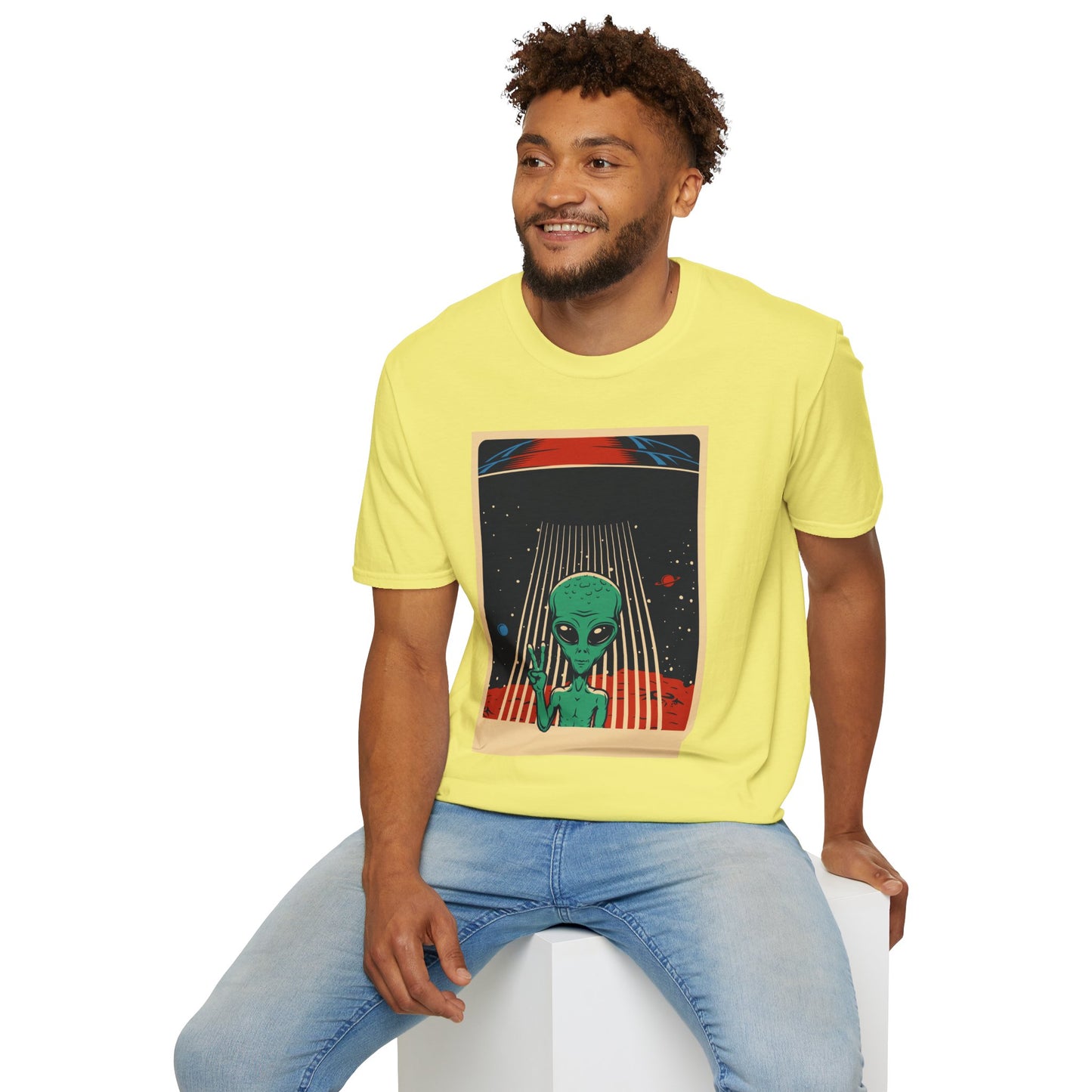 Cosmic Alien Peace Unisex Softstyle T-Shirt, Vintage UFO Tee, Space Lover Gift, Sci-Fi Fan Shirt, Trendy Graphic Tee, GraphicTees, t-shirts