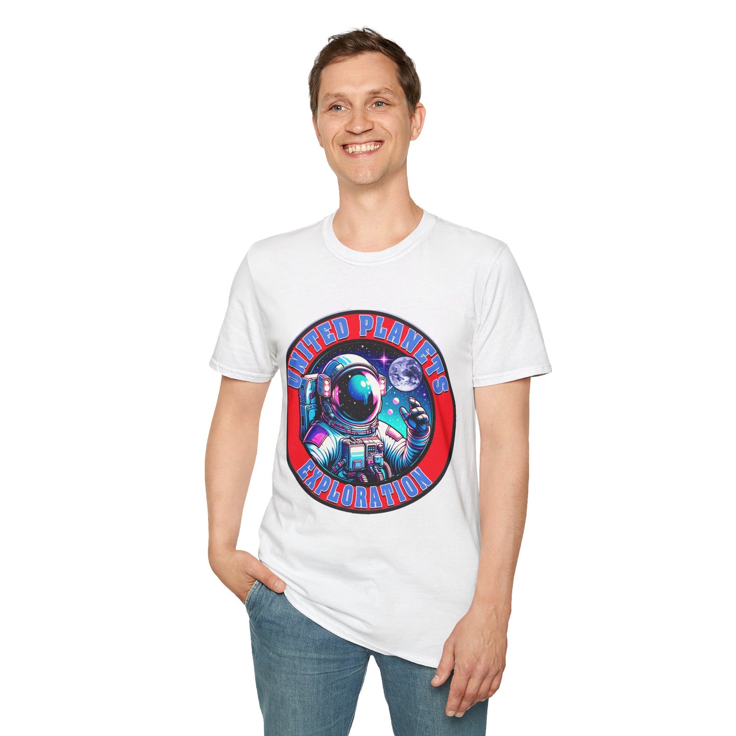 United Planets Exploration Astronaut T-Shirt, Science Themed Tee, Outer Space Shirt for Gift, Birthday, Unisex Softstyle Apparel