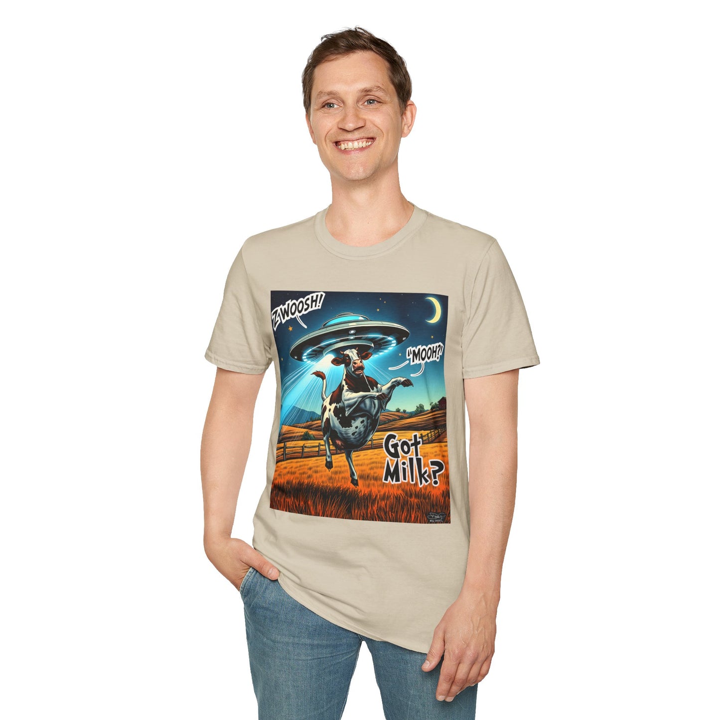 Funny Alien Cow T-Shirt - Got Milk? Unisex Soft style graphic Tee, UFO, galaxies, space, Blackhole, graphic design, png, sublimation