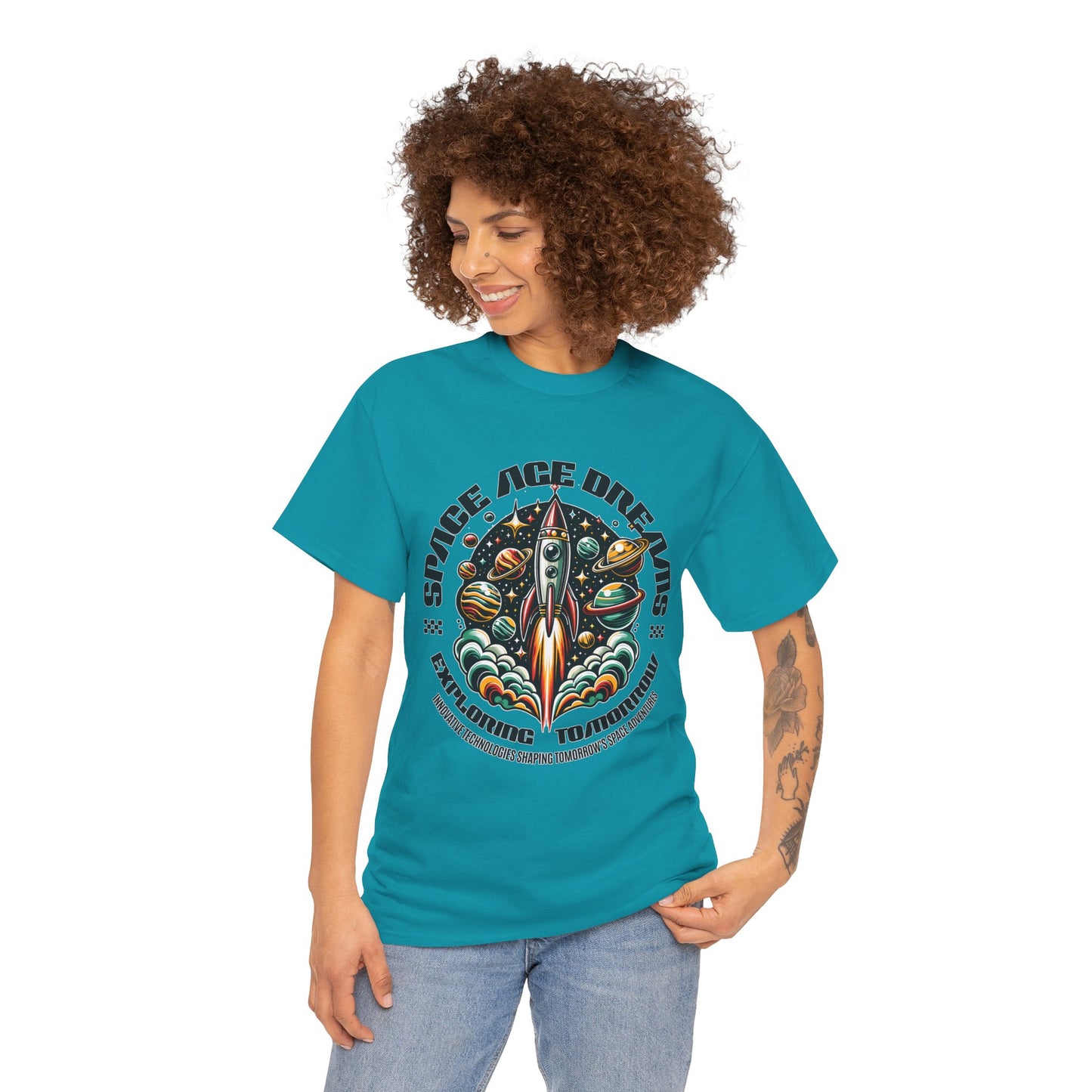 Space Age Dreams, Unisex Heavy Cotton Tee - Retro Rocket Design for Space Lovers, graphic design, png