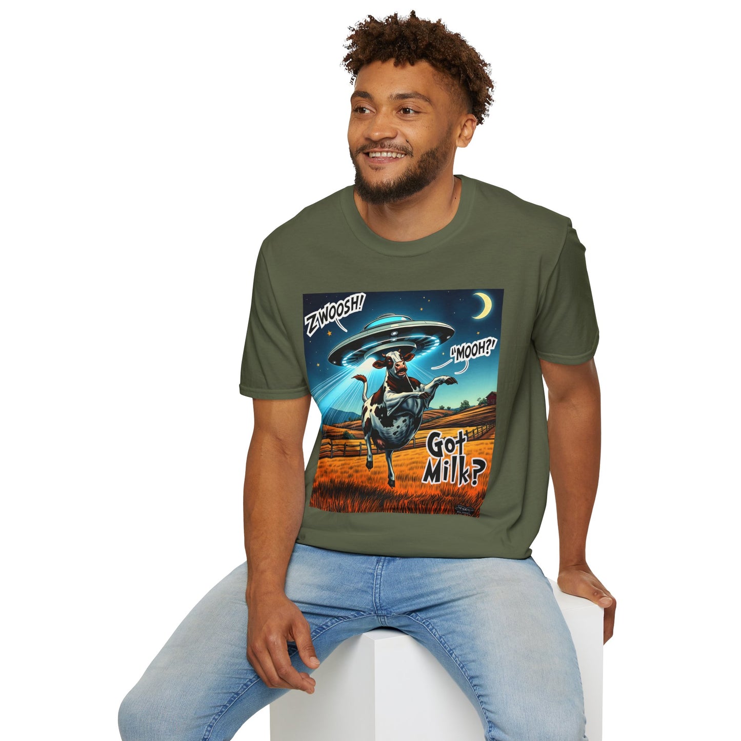 Funny Alien Cow T-Shirt - Got Milk? Unisex Soft style graphic Tee, UFO, galaxies, space, Blackhole, graphic design, png, sublimation