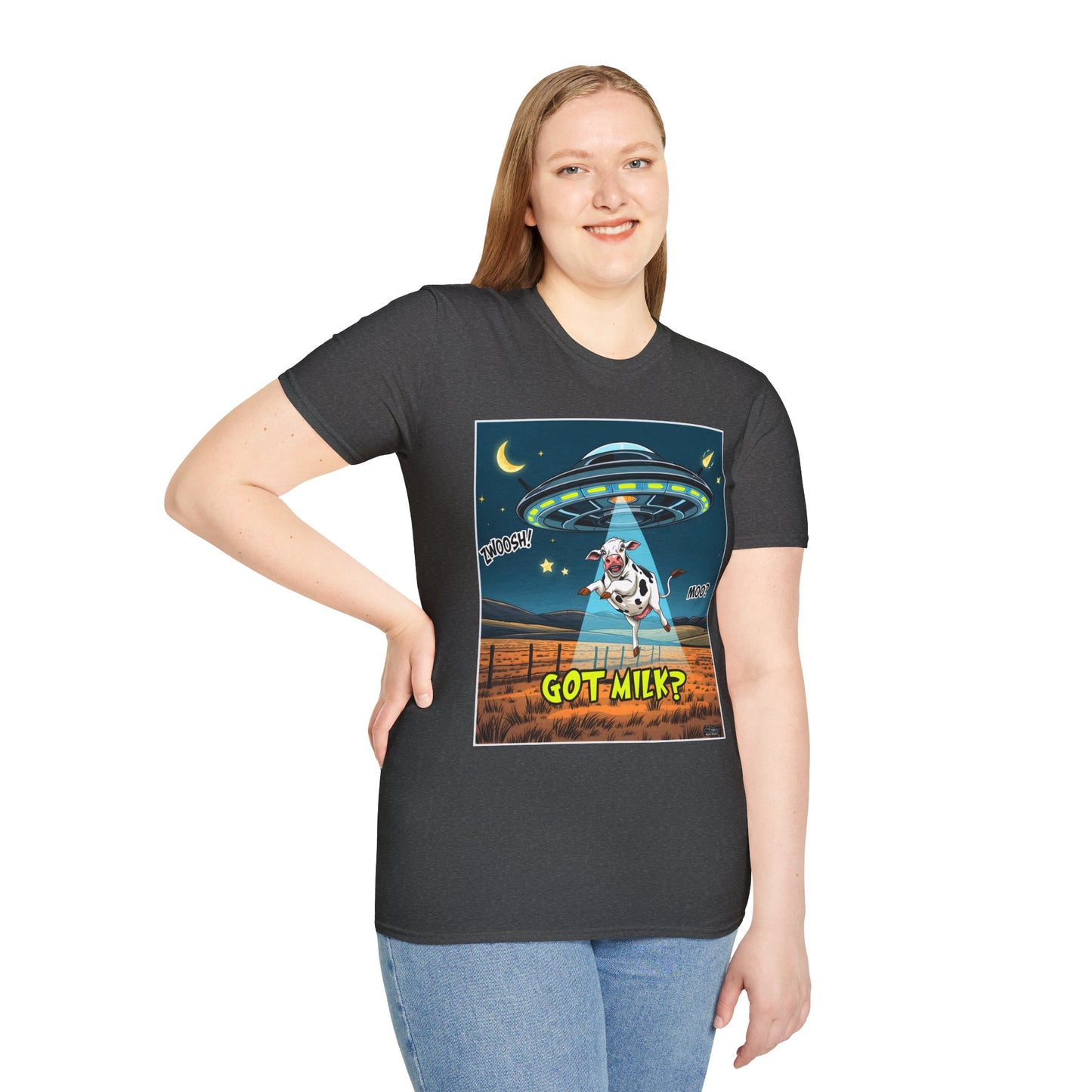 Got Milk? Cow UFO Unisex Softstyle T-Shirt – Fun Graphic Tee for Dairy Lovers, graphic tees, t-shirt, tshirt, graphic design, png
