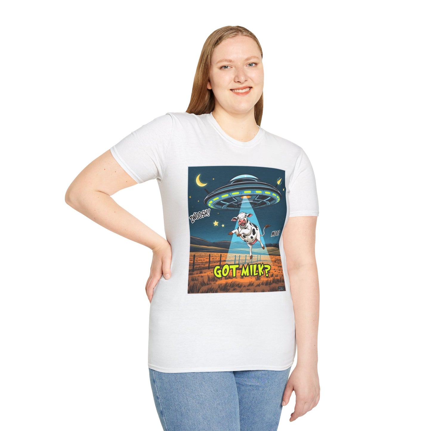 Got Milk? Cow UFO Unisex Softstyle T-Shirt – Fun Graphic Tee for Dairy Lovers, graphic tees, t-shirt, tshirt, graphic design, png