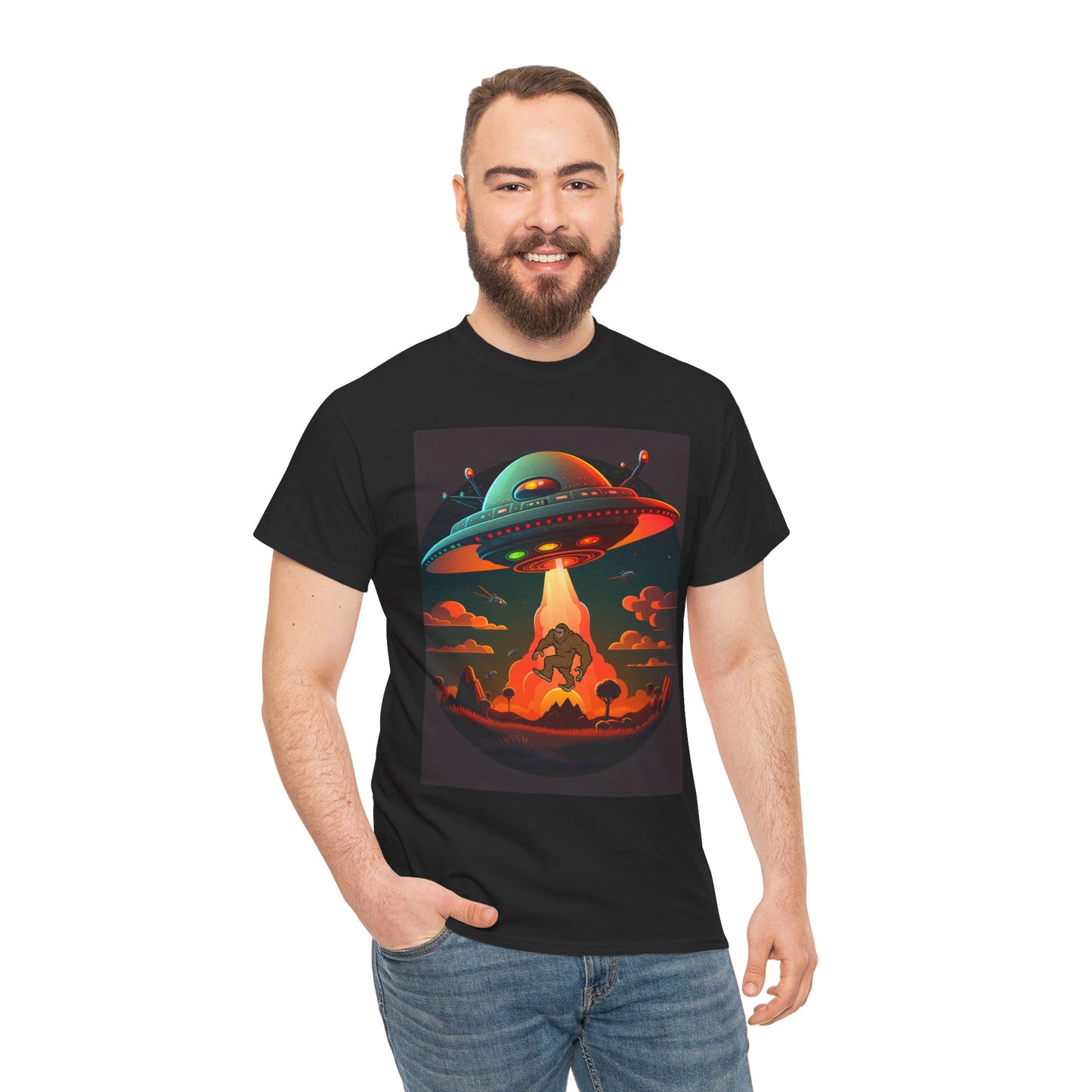UFO, Bigfoot, Unisex Heavy Cotton Tee, graphic design, t-shirt, t-shirts, tshirts, png
