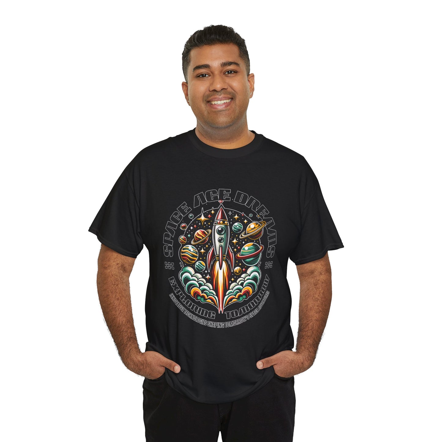 Space Age Dreams, Unisex Heavy Cotton Tee - Retro Rocket Design for Space Lovers, graphic design, png