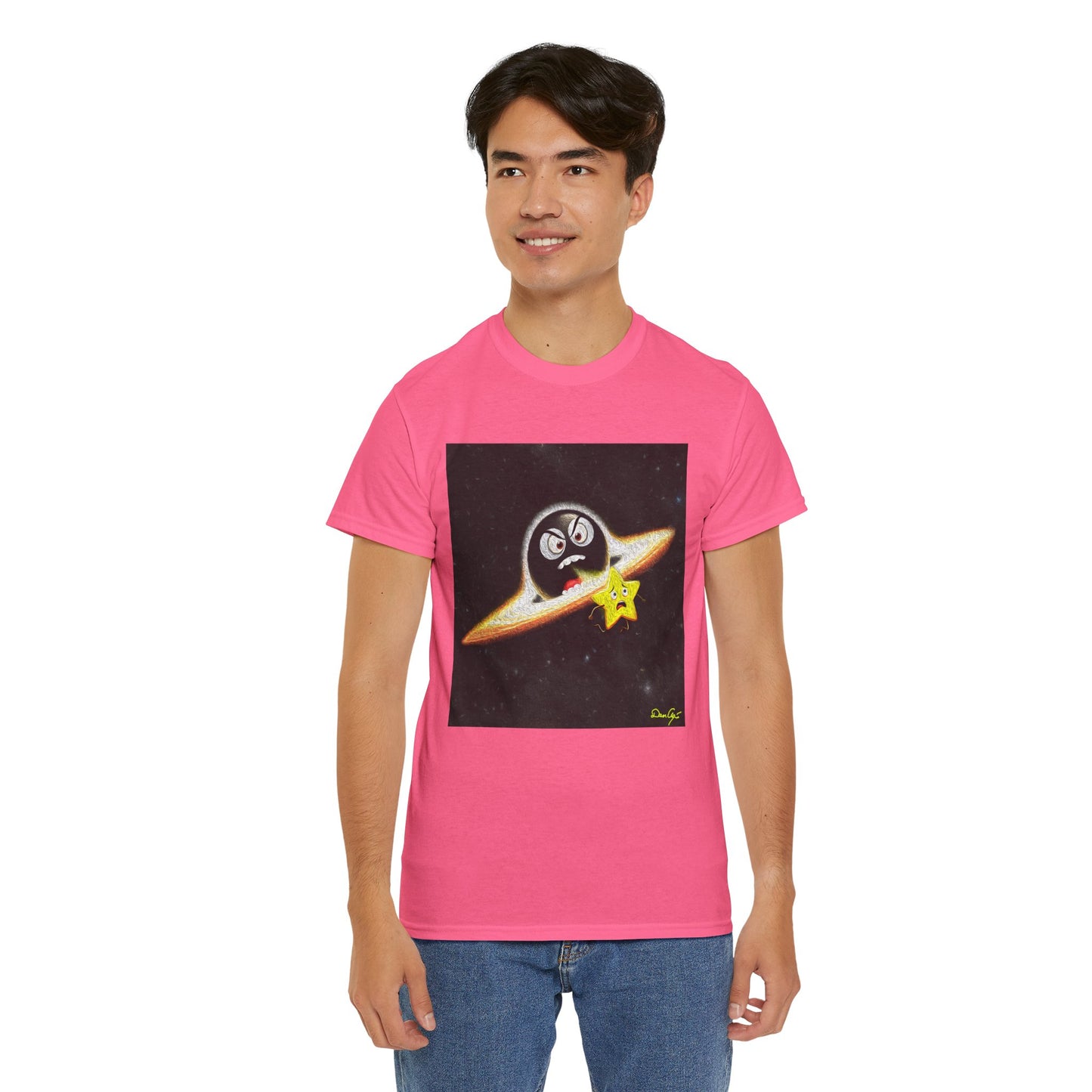 BlackHole Chasing Star, Space-Themed Unisex Heavy Cotton Tee with Cartoon Penguin Design, graphic design, png