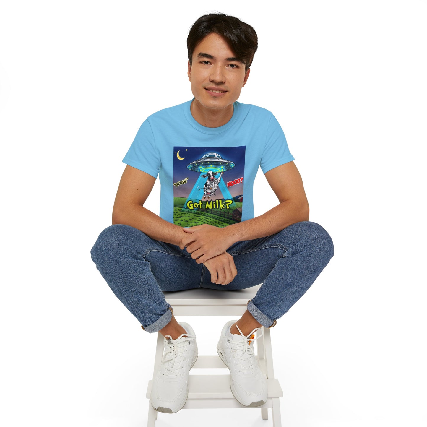 Got Milk? Funny Unisex Ultra Cotton Tee - Humorous Cow and UFO Design, graphic tee, t-shirts, tshirt, png, sublimation