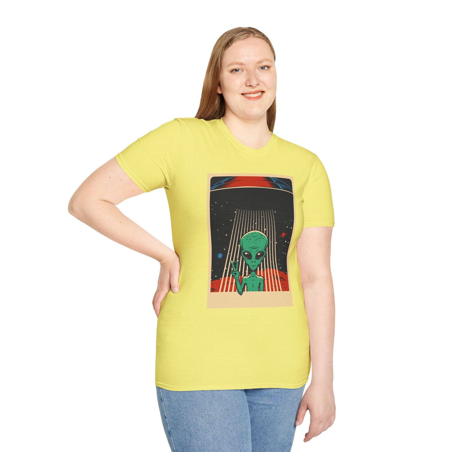 Cosmic Alien Peace Unisex Softstyle T-Shirt, Vintage UFO Tee, Space Lover Gift, Sci-Fi Fan Shirt, Trendy Graphic Tee, GraphicTees, t-shirts