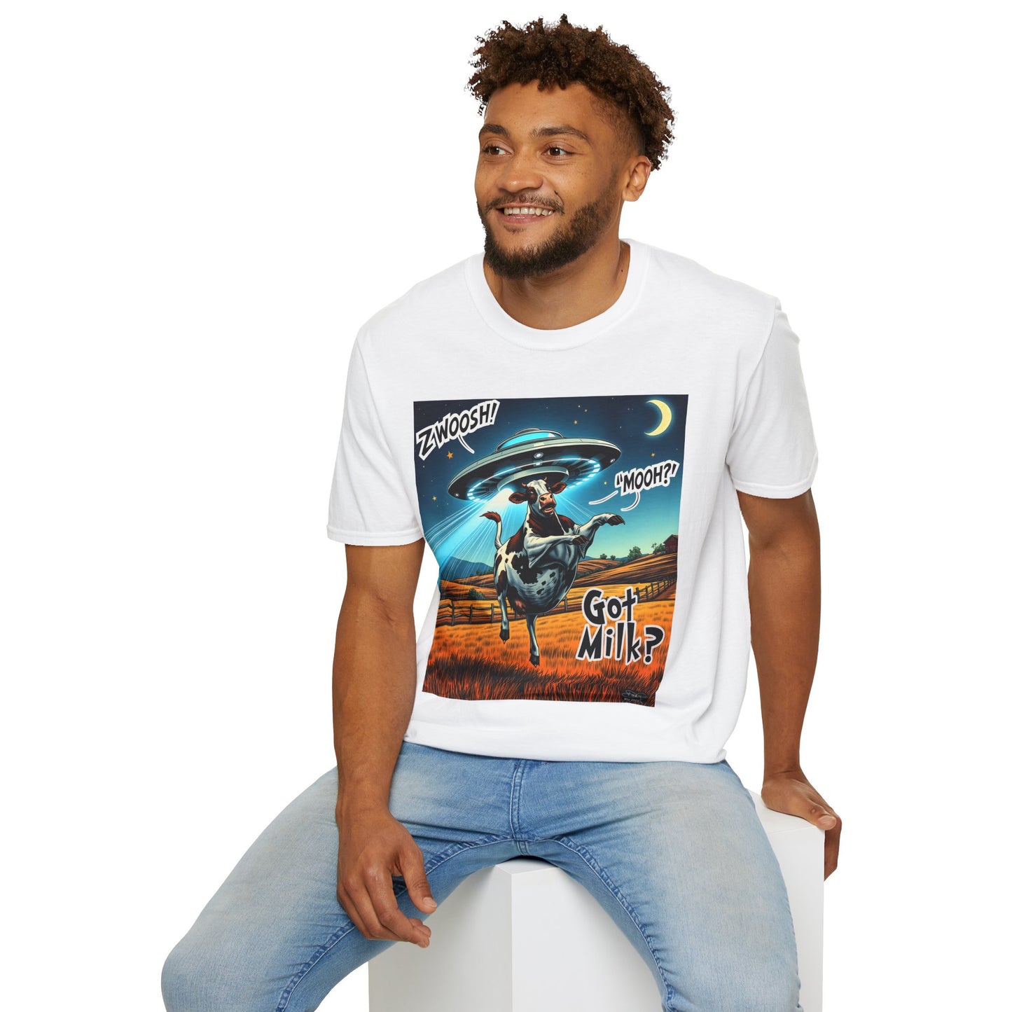 Funny Alien Cow T-Shirt - Got Milk? Unisex Soft style graphic Tee, UFO, galaxies, space, Blackhole, graphic design, png, sublimation