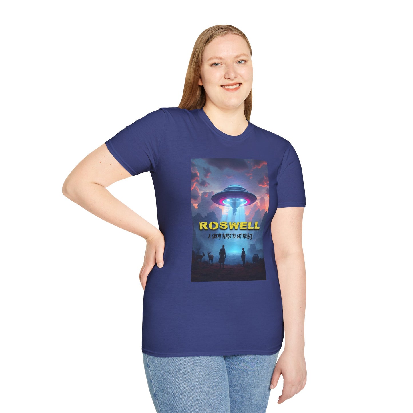 Roswell Probed Retro T-Shirt - Alien UFO Lover Gift, Sci-Fi Apparel, Extraterrestrial Tee, Unisex Softstyle Clothing, graphic design, png