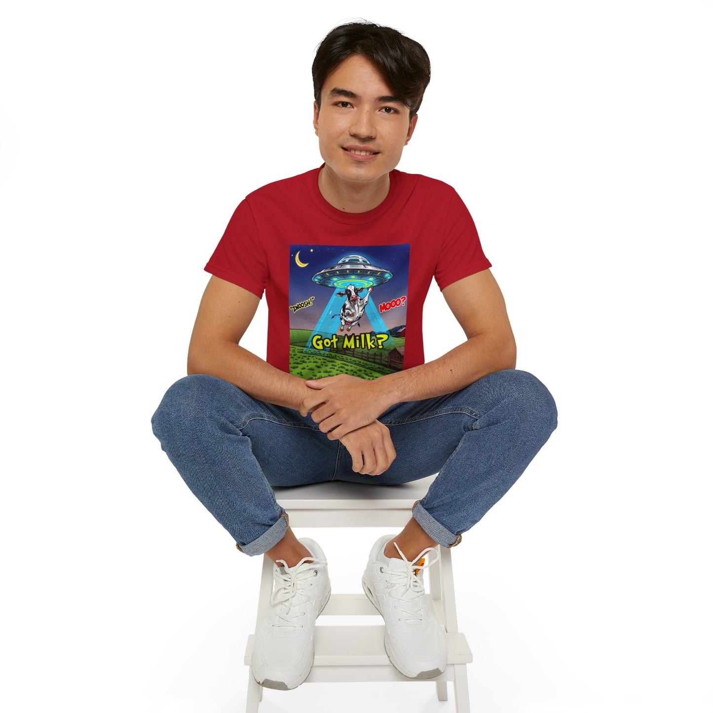 Got Milk? Funny Unisex Ultra Cotton Tee - Humorous Cow and UFO Design, graphic tee, t-shirts, tshirt, png, sublimation