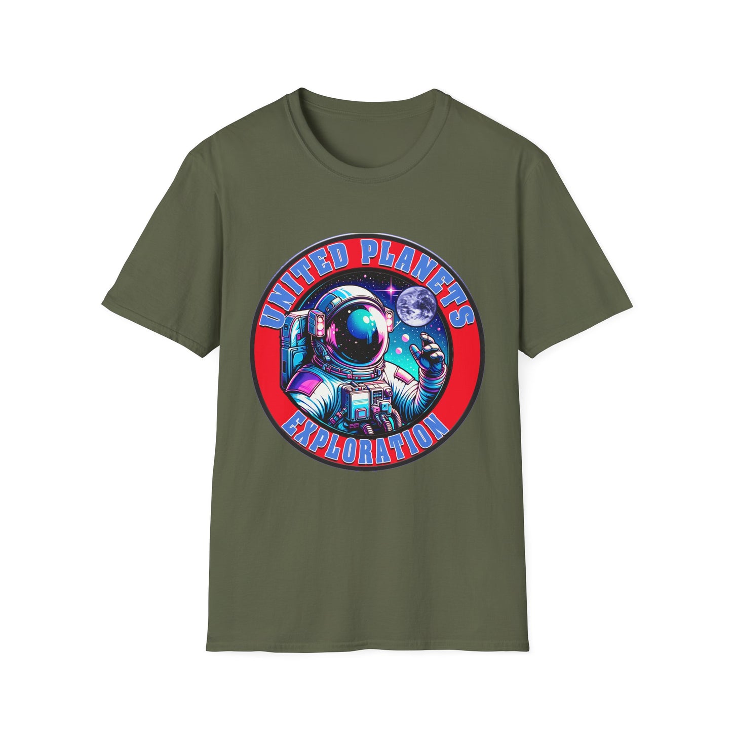 United Planets Exploration Astronaut T-Shirt, Science Themed Tee, Outer Space Shirt for Gift, Birthday, Unisex Softstyle Apparel