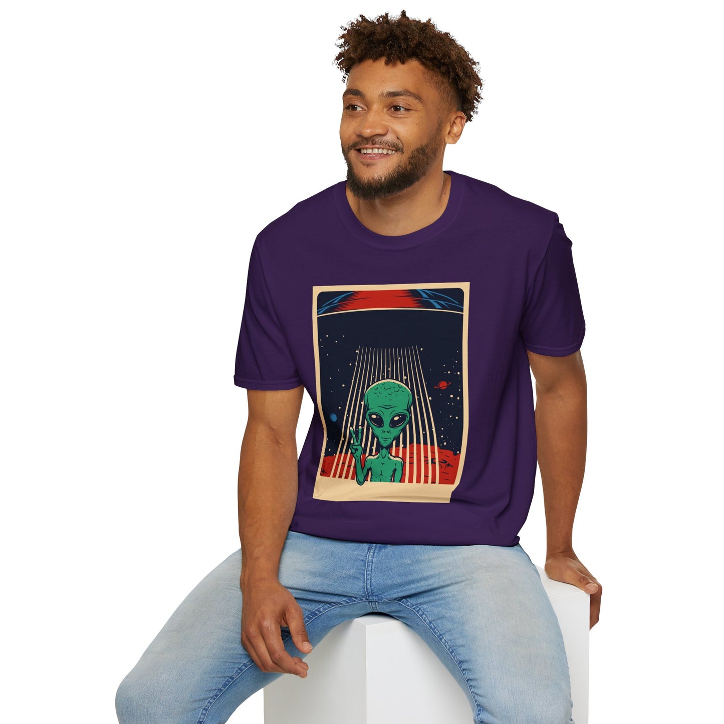 Cosmic Alien Peace Unisex Softstyle T-Shirt, Vintage UFO Tee, Space Lover Gift, Sci-Fi Fan Shirt, Trendy Graphic Tee, GraphicTees, t-shirts