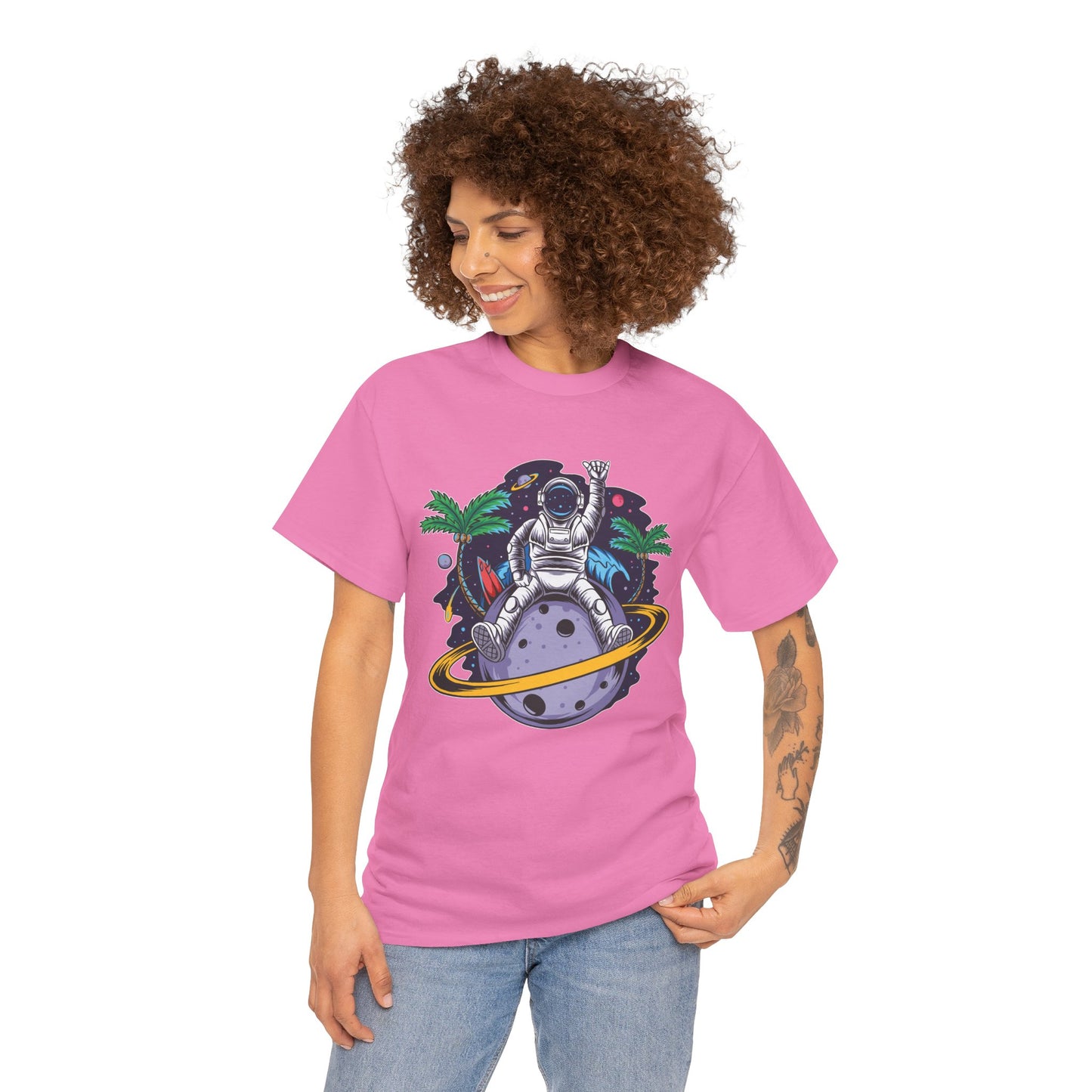 Cosmic Adventure, Unisex Heavy Cotton Tee - Astronaut & Planet Design, graphic design, png, art