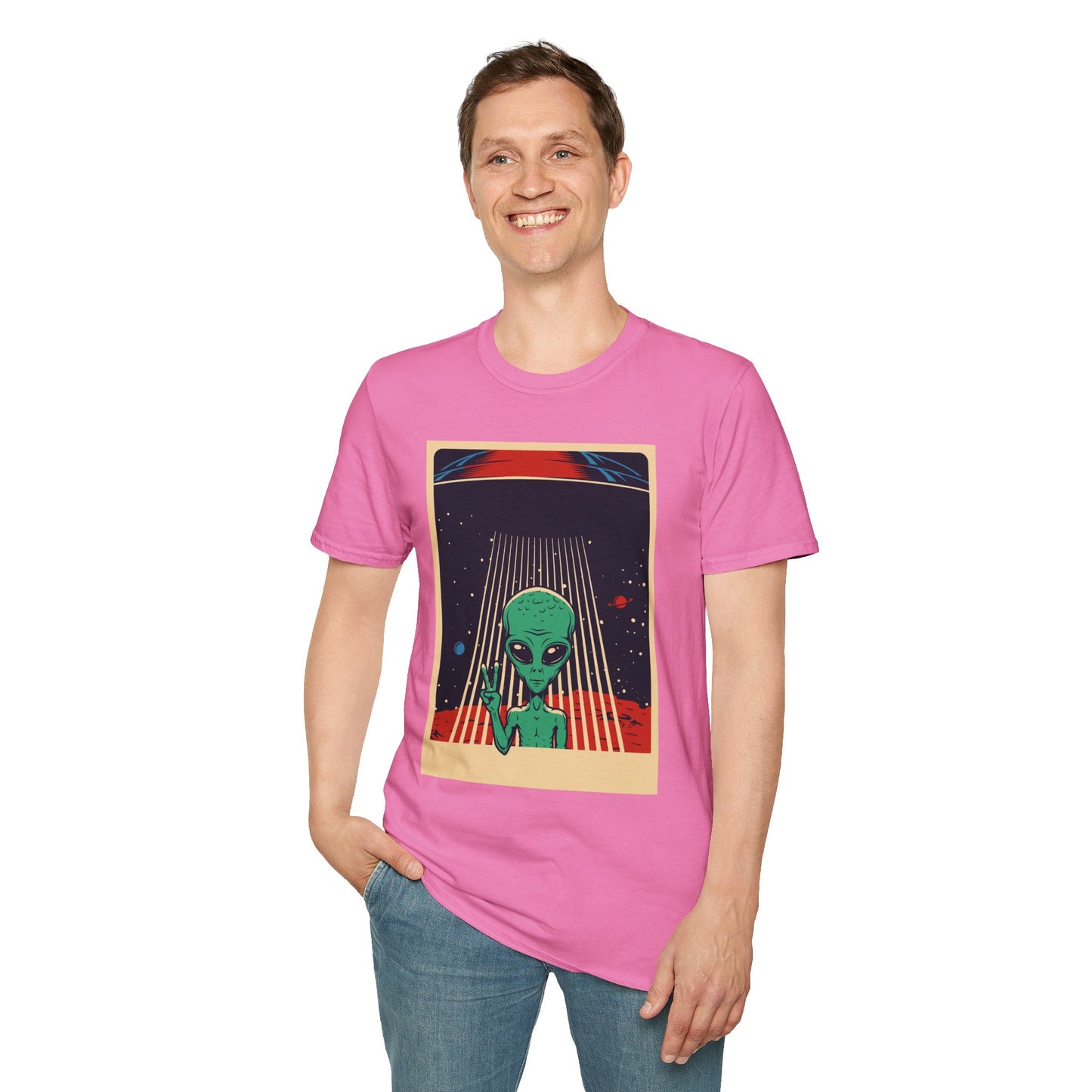 Cosmic Alien Peace Unisex Softstyle T-Shirt, Vintage UFO Tee, Space Lover Gift, Sci-Fi Fan Shirt, Trendy Graphic Tee, GraphicTees, t-shirts