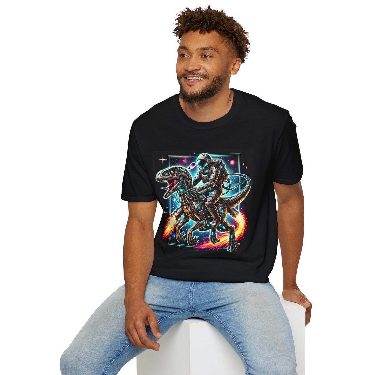 Cosmic Dinosaur Rider Softstyle T-Shirt | Fun Graphic Tee, Unique Gift, Space Lover Shirt, Sci-Fi Enthusiast Apparel